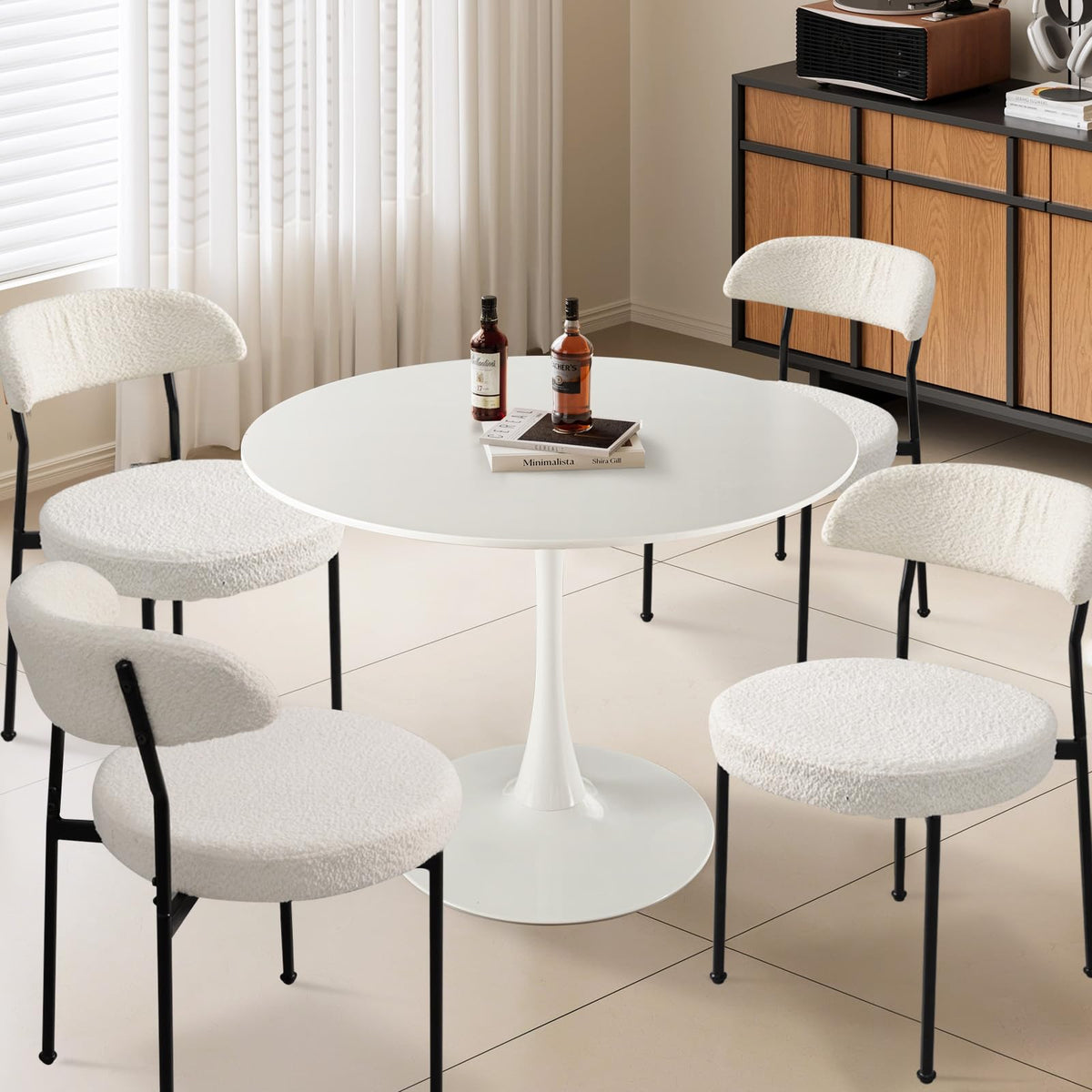 Soartalent 5-Pieces 42' Round Dining Table Set For 4, White Dining Table & 4 Boucle Upholstered Dining Chairs For Kitchen Dinin