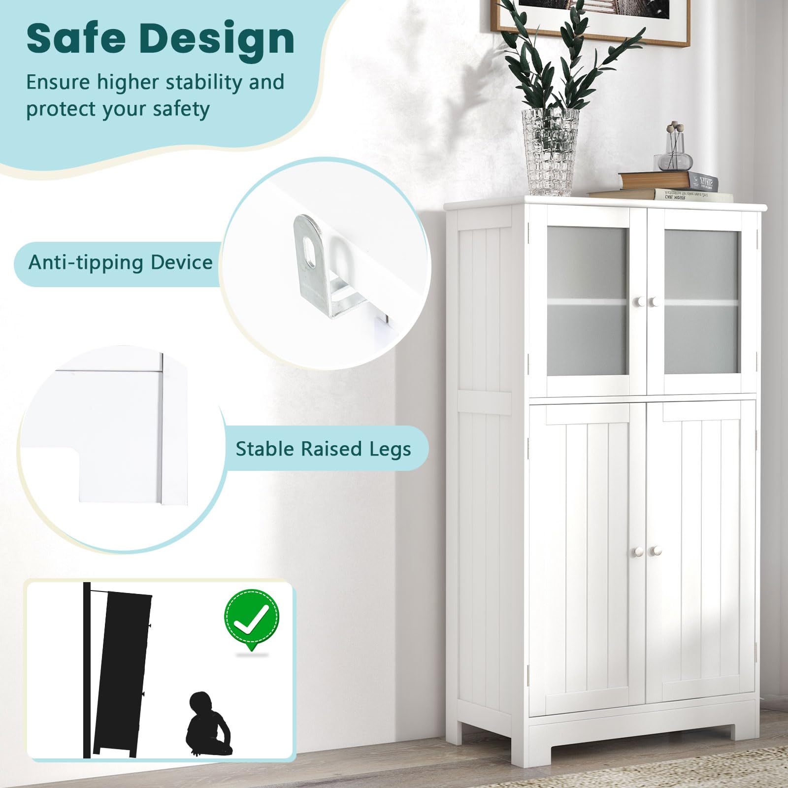 Costway Bathroom Storage Cabinet, Wooden Linen Storage Organizer Cupboard With Doors & Adjustable Shelf, Freestanding Floor Cabinet For Living Room, Kitchen, Entryway, Office (White)