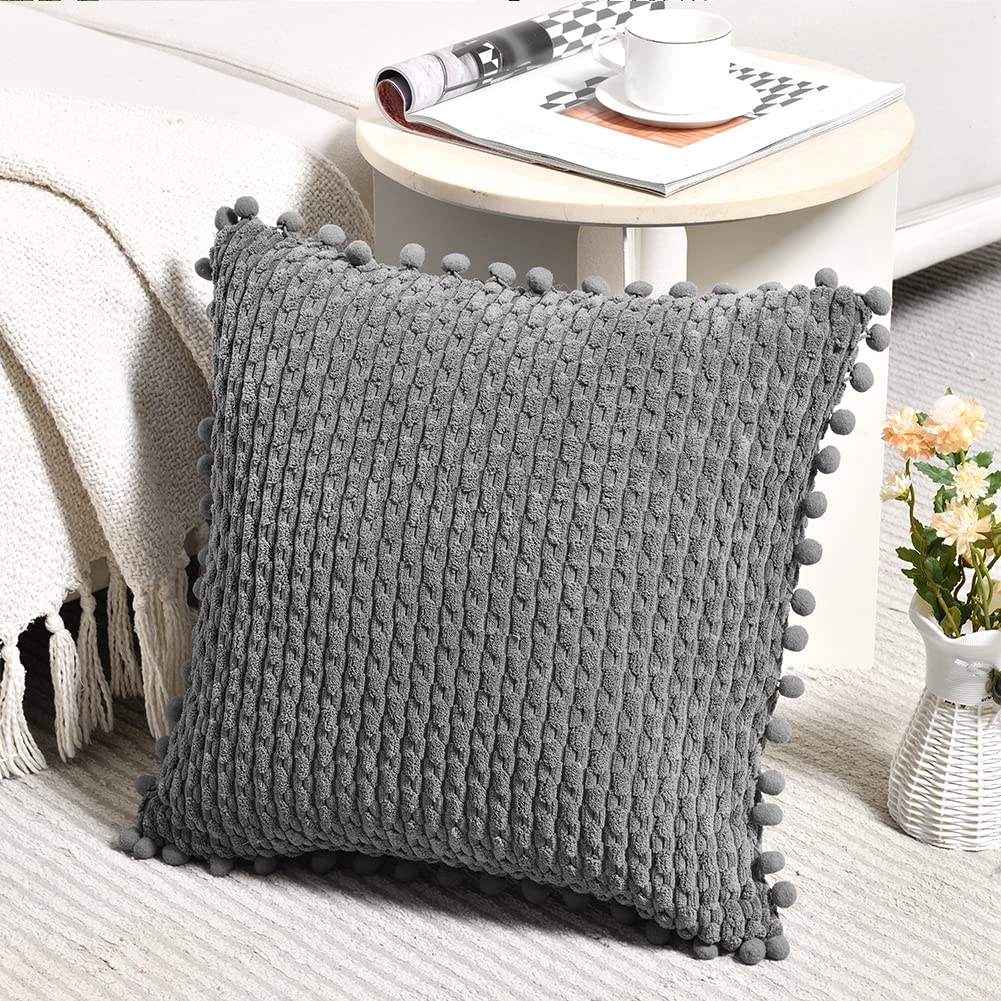 Fancy Homi Set Of 2 Dark Gray Decorative Throw Pillow Covers 20X20 Inch With Pom-Poms For Couch Bedroom Living Room, Modern Farm
