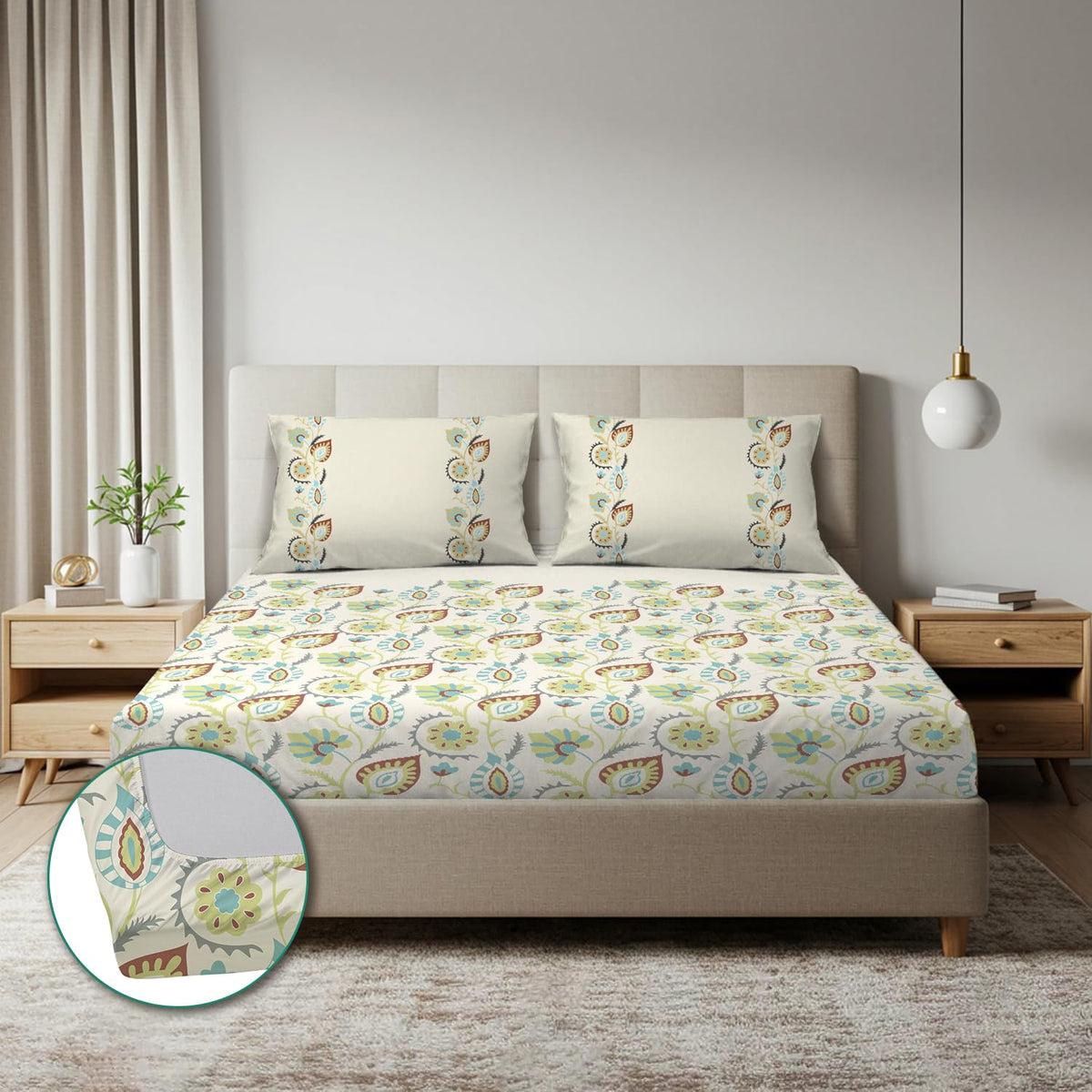 Amazon Brand  Solimo Fitted Bedsheet 144 TC 100% Cotton Queen Size Fitted Bedsheet with 2 Pillow Covers, Emily | 72L x 60W inch