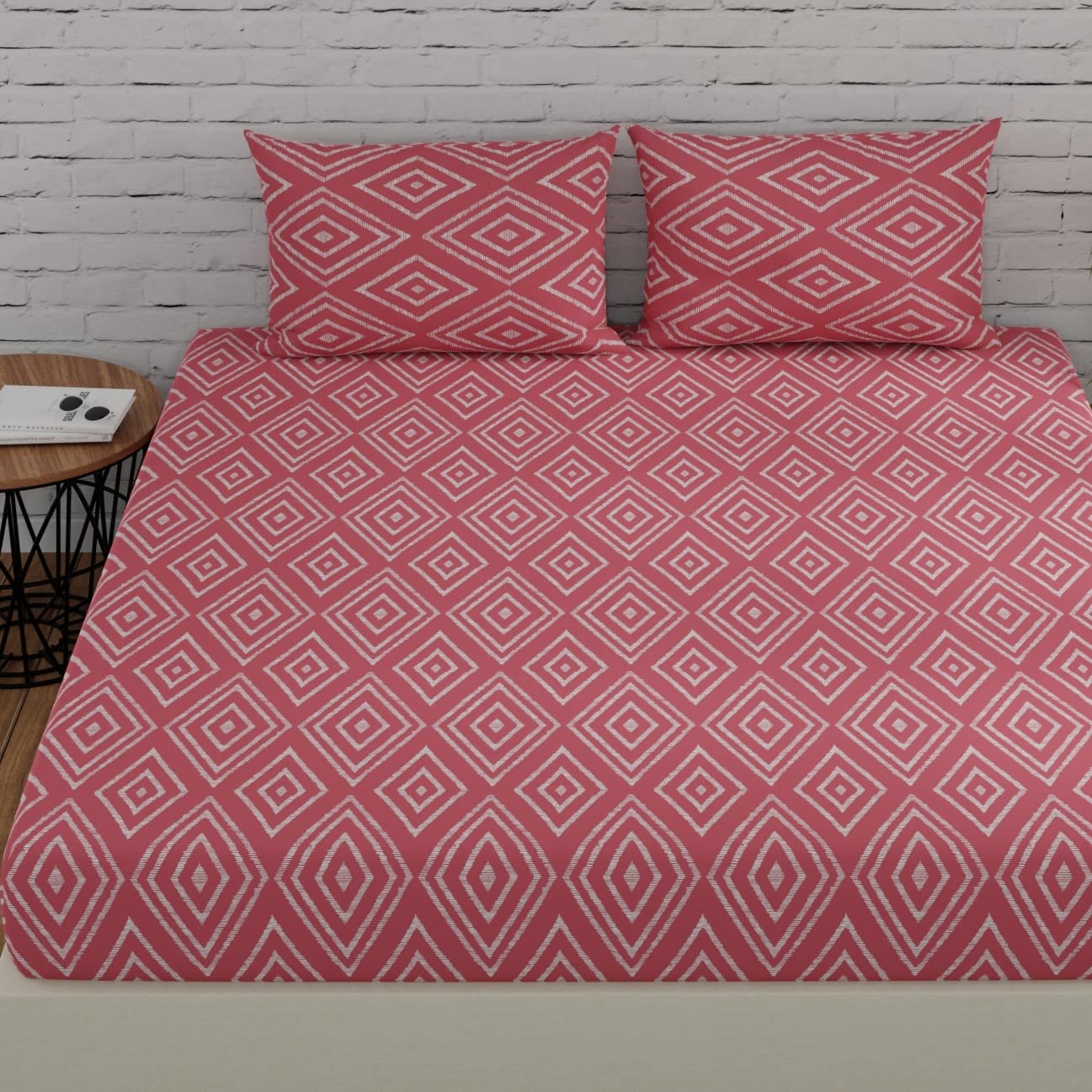 Huesland By Ahmedabad Cotton 144 Tc Elastic Fitted Bedsheets For Double Bed With 2 Pillow Covers  Color | 5Ft X 6.5Ft | Peach P