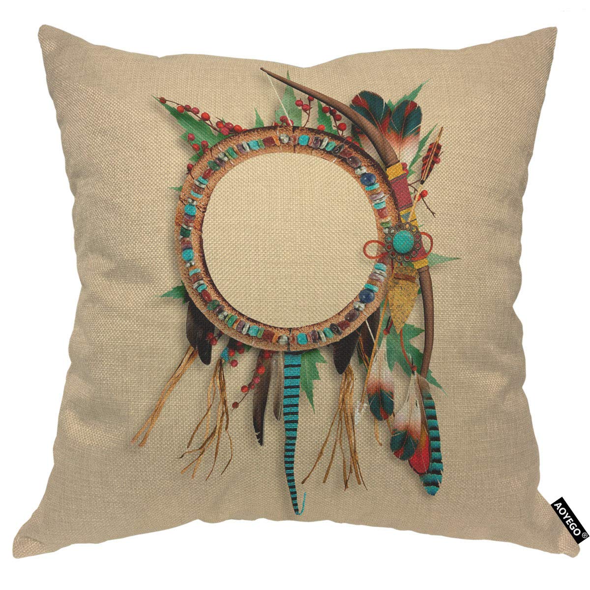 Aoyego Brown Western Southwest Throw Pillow Cover Feather Arrow Catcher Ethnic Turquoise Head Wear Leaves Pillow Case 18X18 Inch