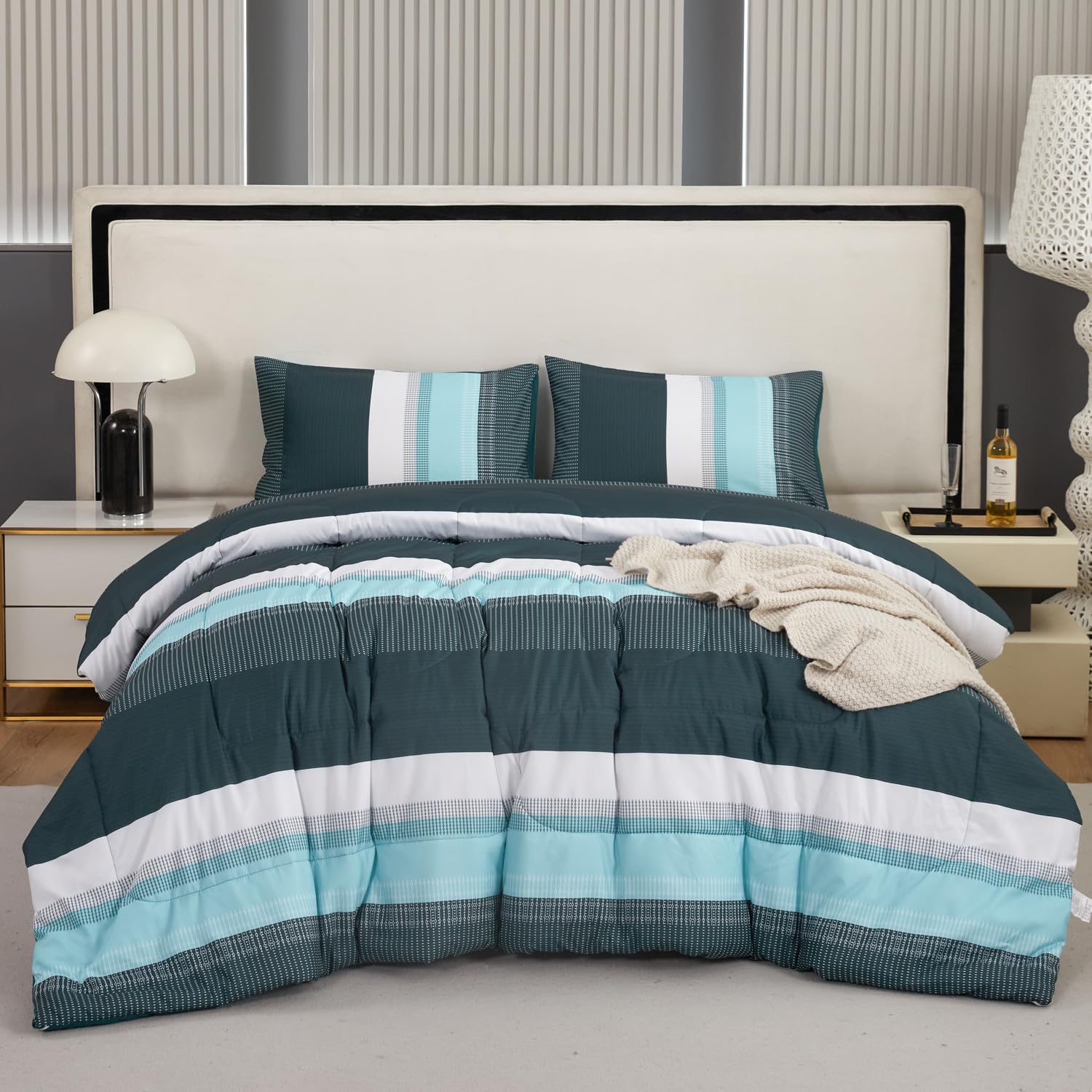 Perfemet Queen Comforter Set - Dark Green Striped Comforter, Green And White Colorblock Bedding Comforter Sets, 3 Pieces, 1 Stri