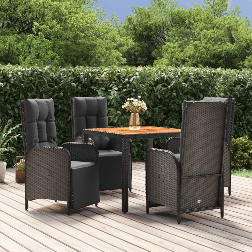vidaXL 5-Piece Modern Patio Dining Set - Black Poly Rattan Outdoor Furniture with Reclining Function, Comfortable Cushions, Acacia Wood Tabletop