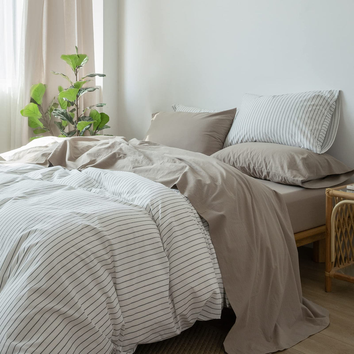 Moomee Bedding Sheet Set 100% Washed Cotton Linen Like Textured Breathable Durable Soft Comfy (Mocha Brown, King)
