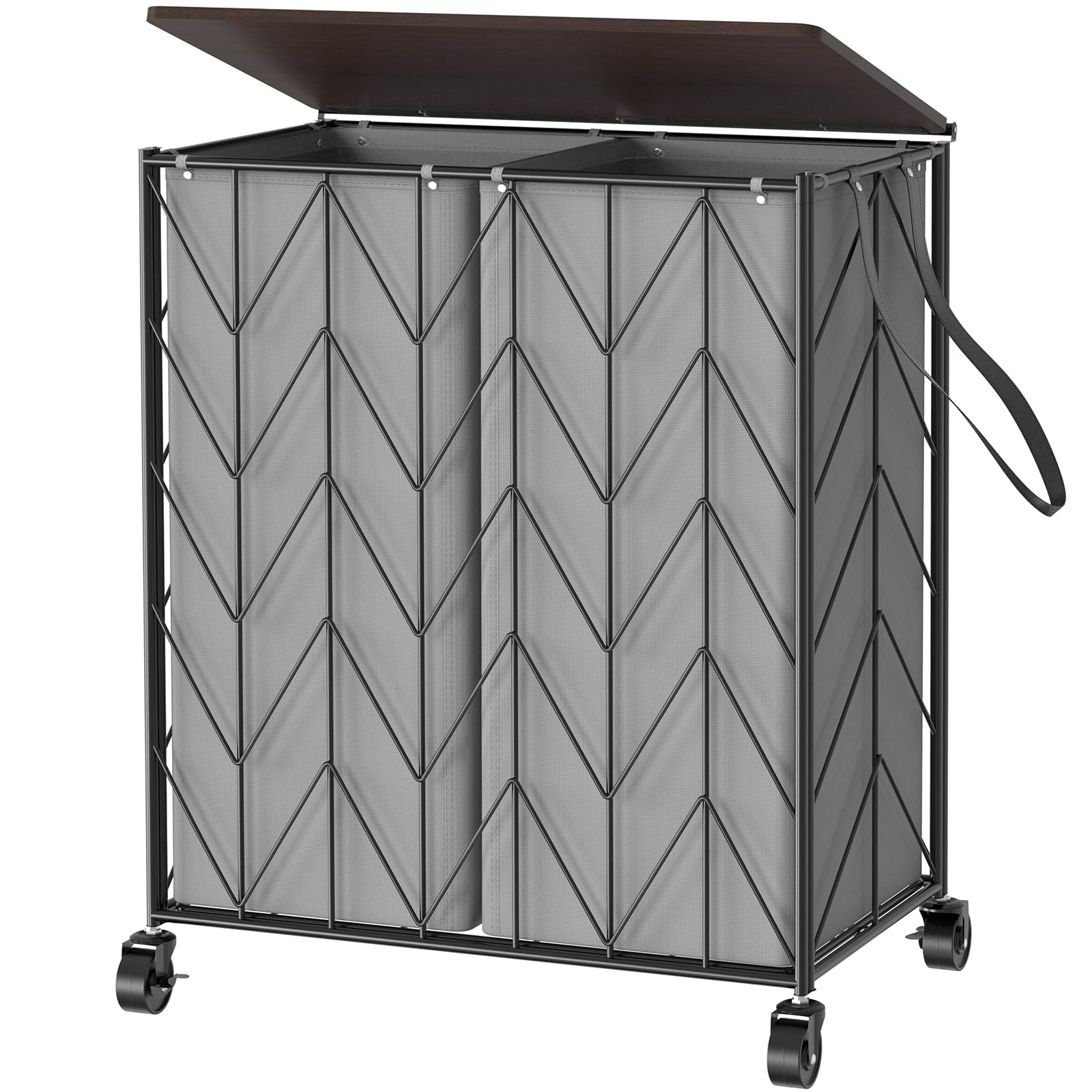 WOWLIVE Laundry Basket with Wheels, Heavy Duty Laundry Hamper with Wood Lid, Clothes Hamper with Divided Removable Liner Bag, La