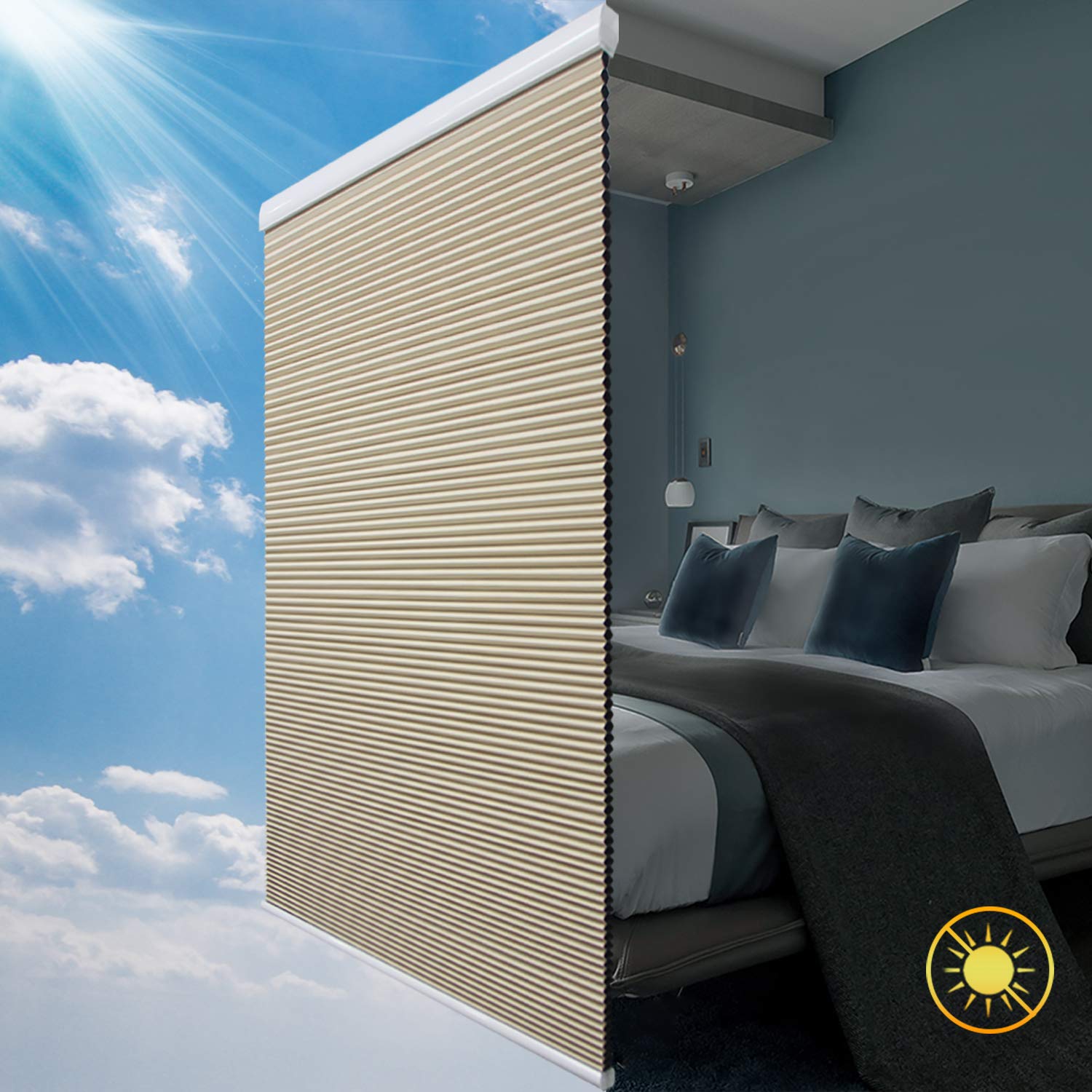 Cellular Shades Cordless Blackout Honeycomb Blinds Fabric Window Shades Ivory Beige(Blackout), 24'' W X 38'' H