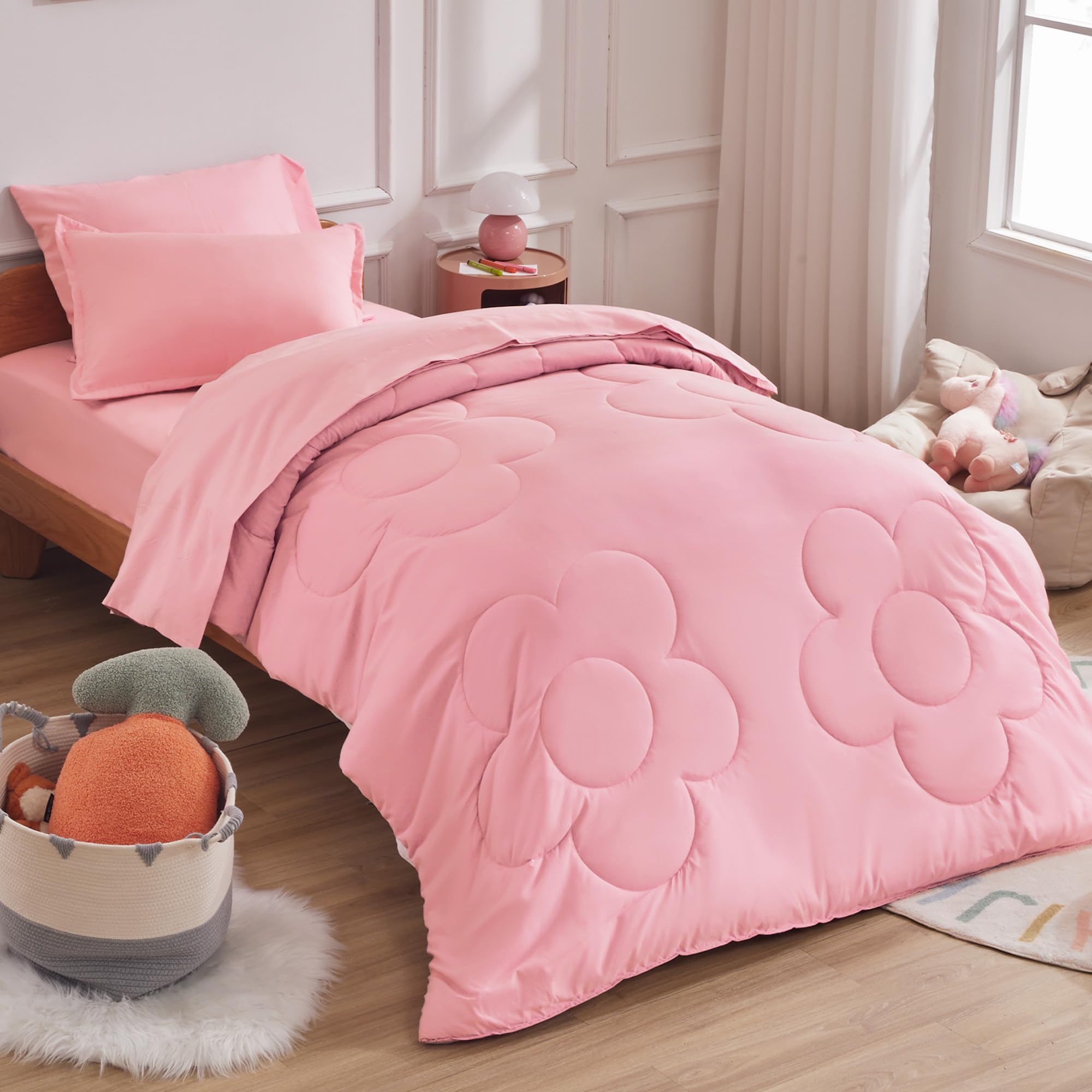 SLEEP ZONE Kids Pink Twin Bedding Comforter Set - Super Cute & Soft Girls Bedding 5 Pieces Set with Comforter, Sheet, Pillowcase