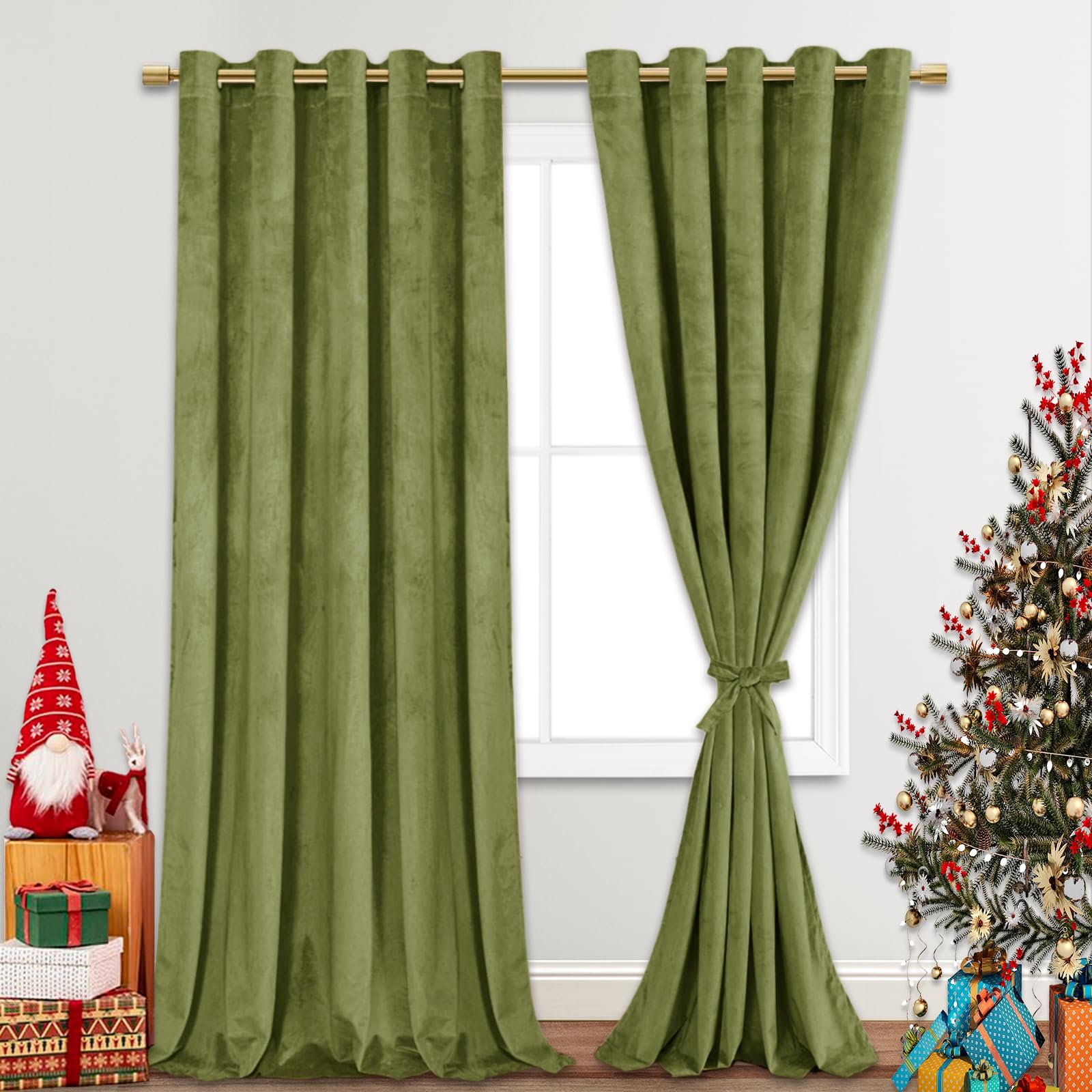 Jiuzhen Moss Green Velvet Curtains 96 Inches For Living Room - Thermal Insualted Room Darkening Grommet Thick Velvet Window Drap