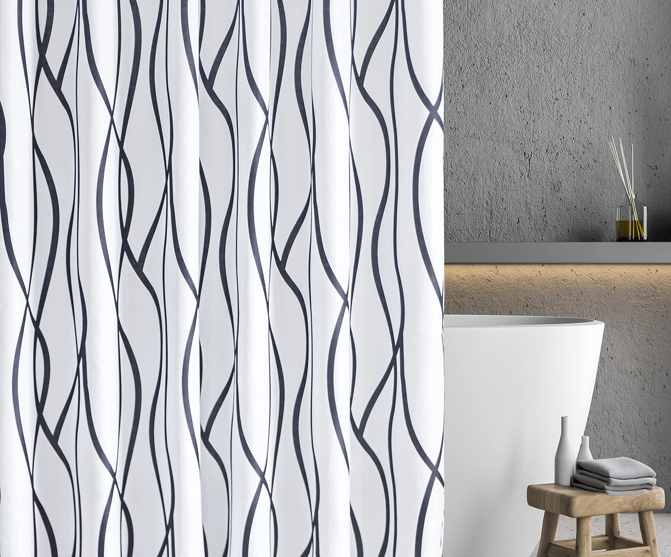 Biscaynebay Textured Fabric Shower Curtain 72 Inches By 72 Inches, Black Printed Striped Linen Modern Hotel Luxury Quality Cloth