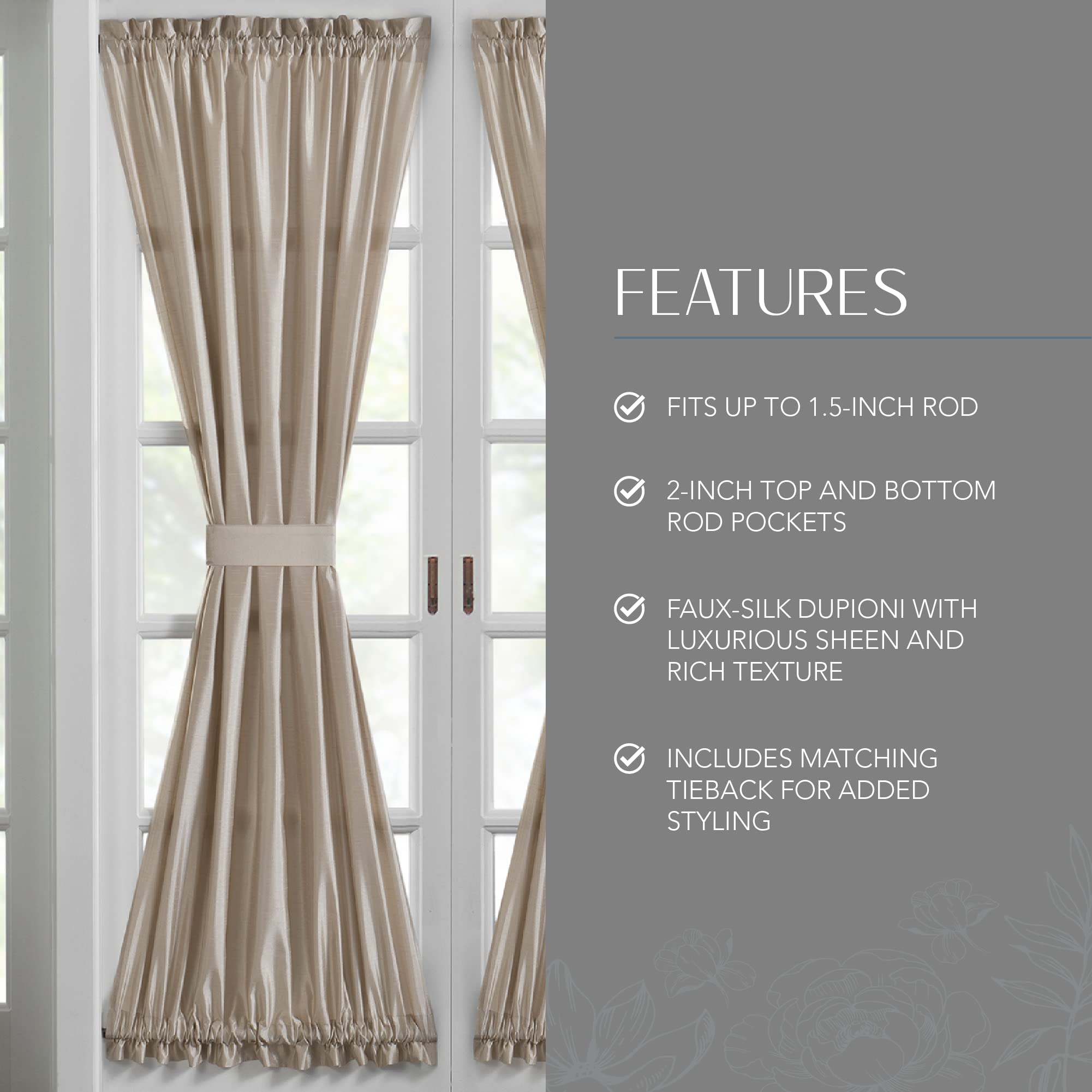 Elrene Home Fashions Colette Faux-Silk French Door Window Panel, 54 In X 72 In (1 French Door Panel), Taupe