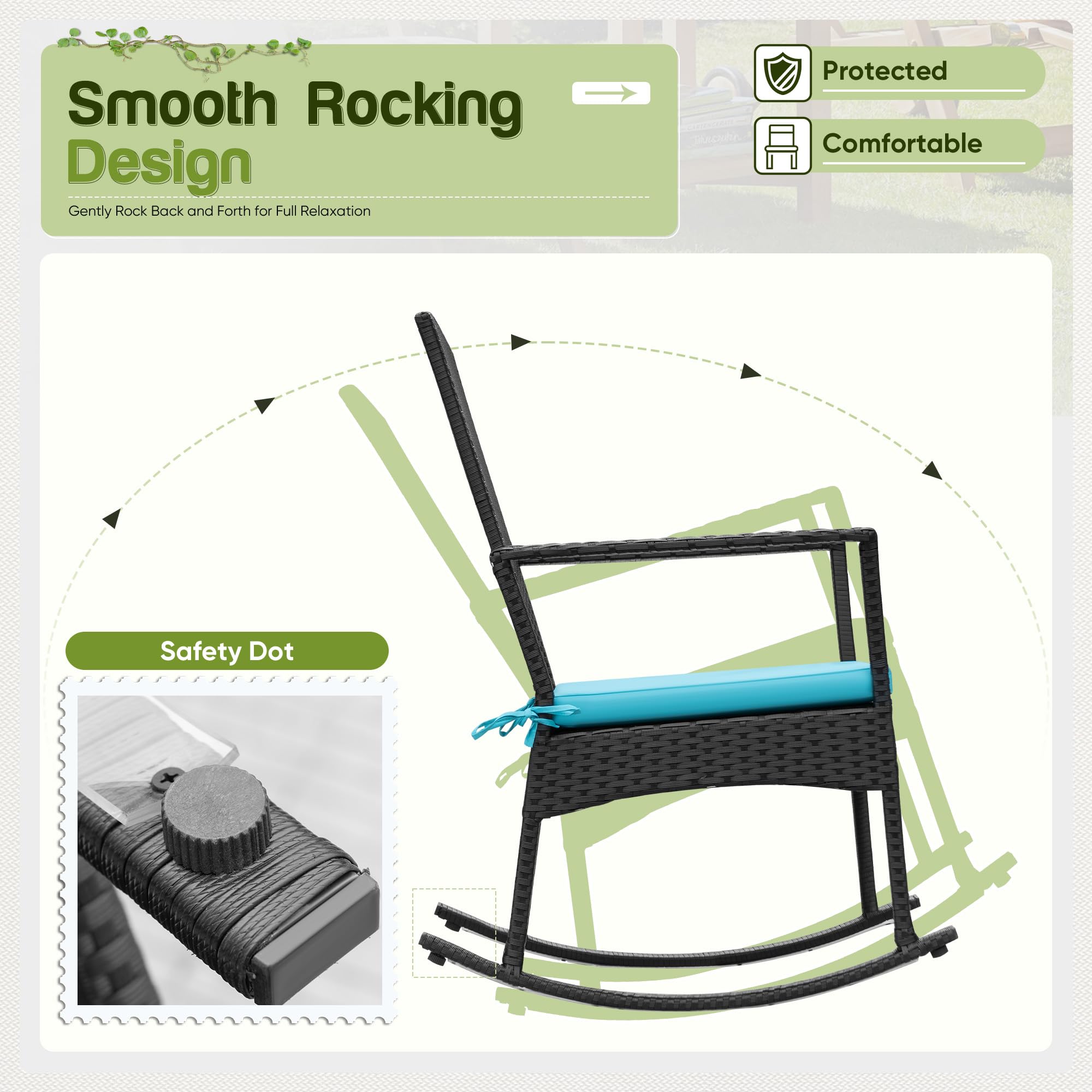 Flamaker Rocking Chair Outdoor Pe Rattan Patio Chairs With Glass Table High Back Porch Rocker For Balcony, Garden, Backyard (Blue)
