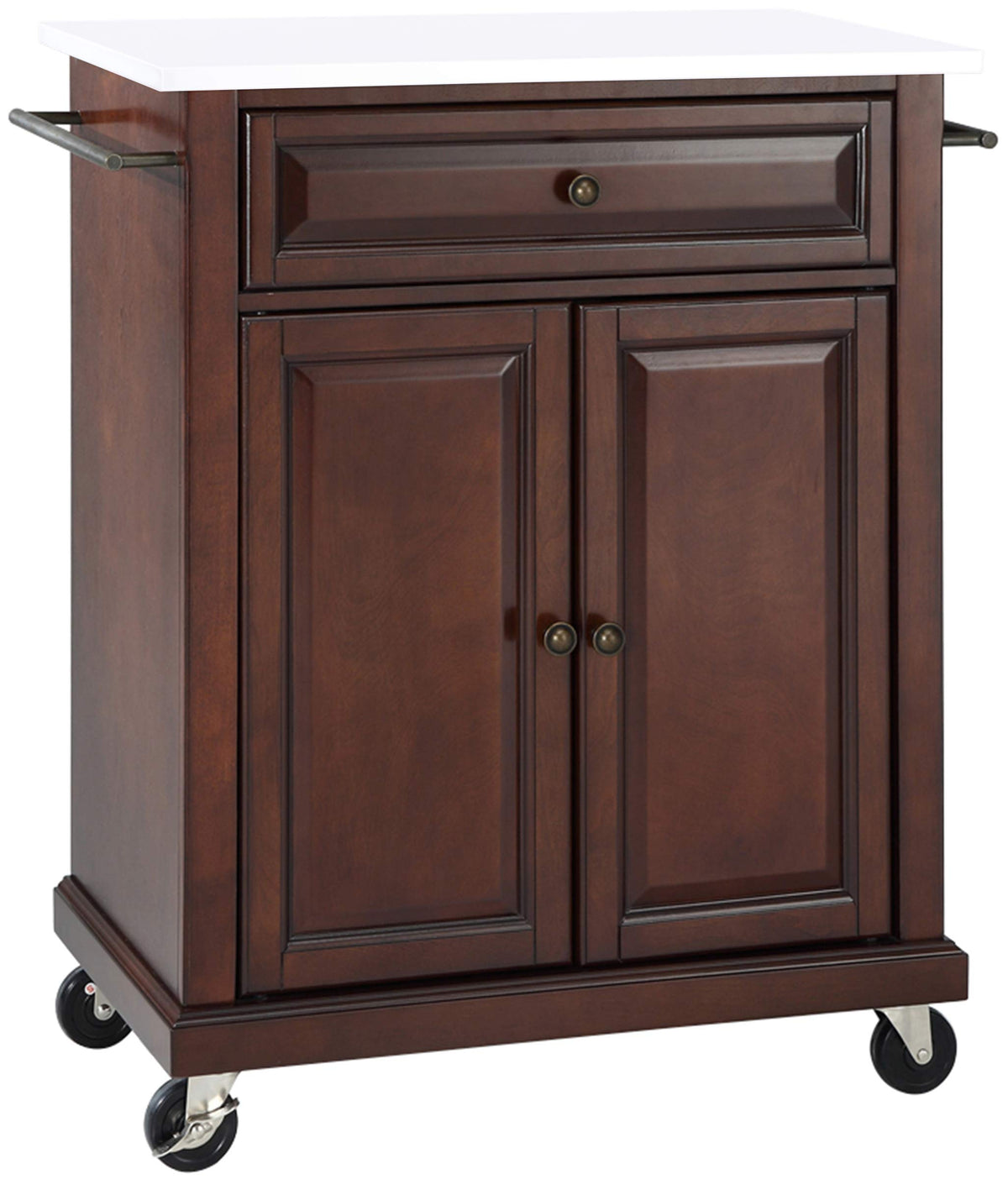 Crosley Furniture Compact Stone Top Small Rolling Cart With Shelves, Microwave Stand With Towel Rack, Mahogany