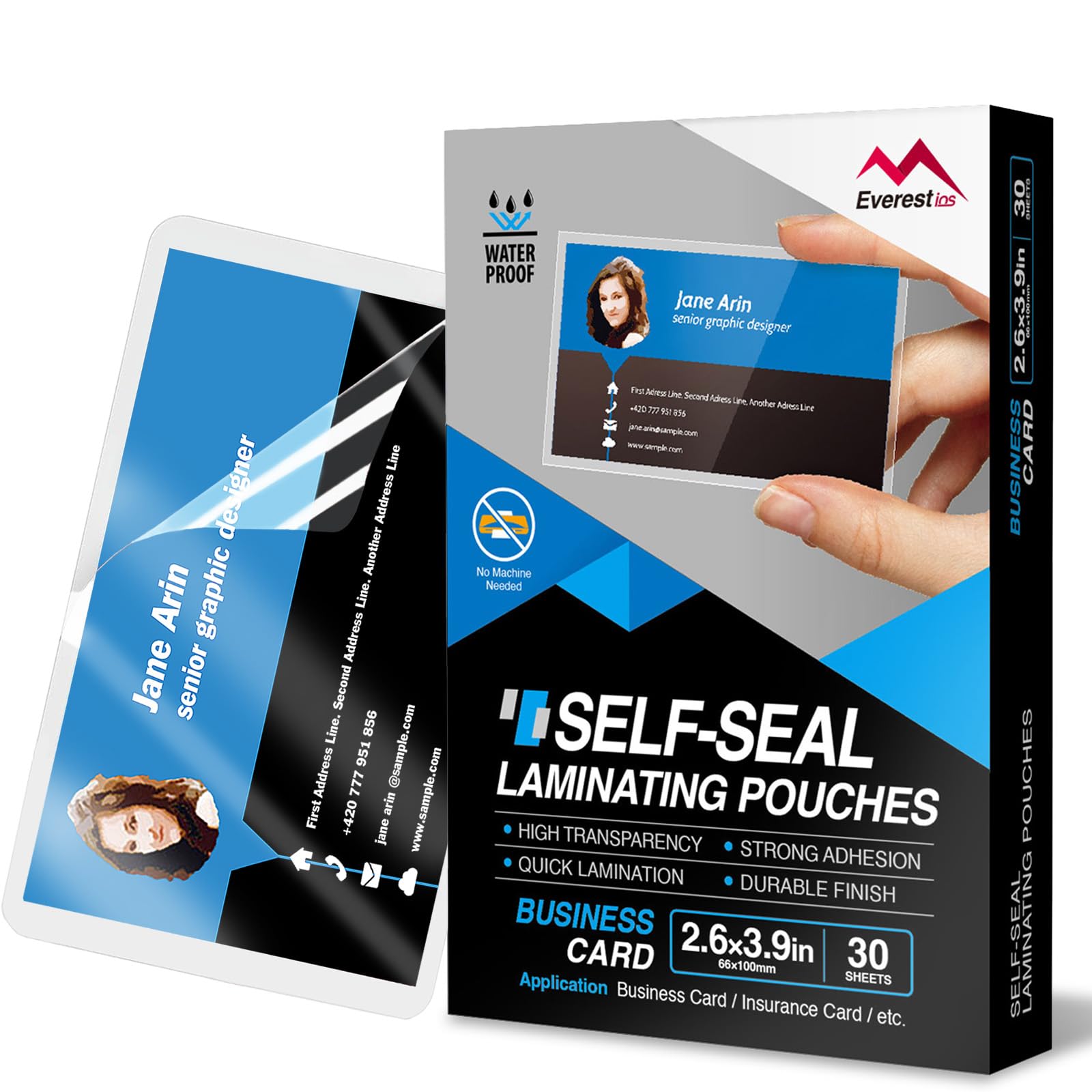 Everest Self Seal Laminating Pouches, Self Sealing For Small Cards Size, Waterproof, 2.6 X 3.9 Inches, 30 Pouches Id Card/Busine