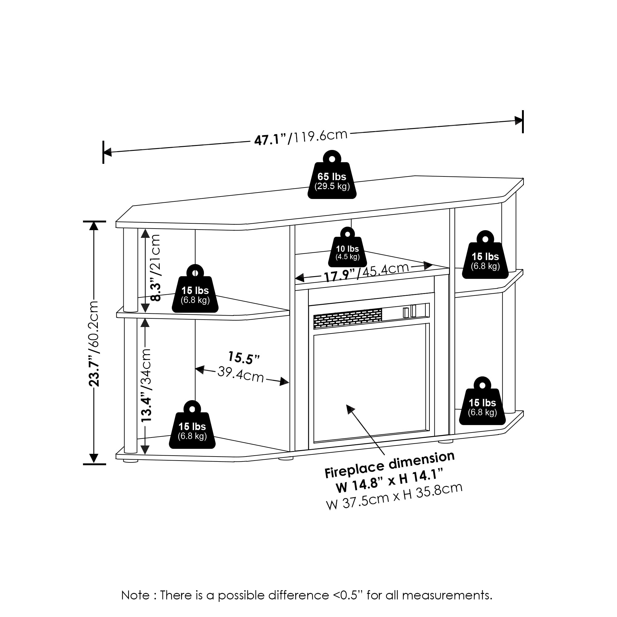 Furinno Jensen Open Storage Corner Fireplace TV Entertainment Center with Plastic Poles for TV up to 55 Inch, Flagstaff Oak/Black