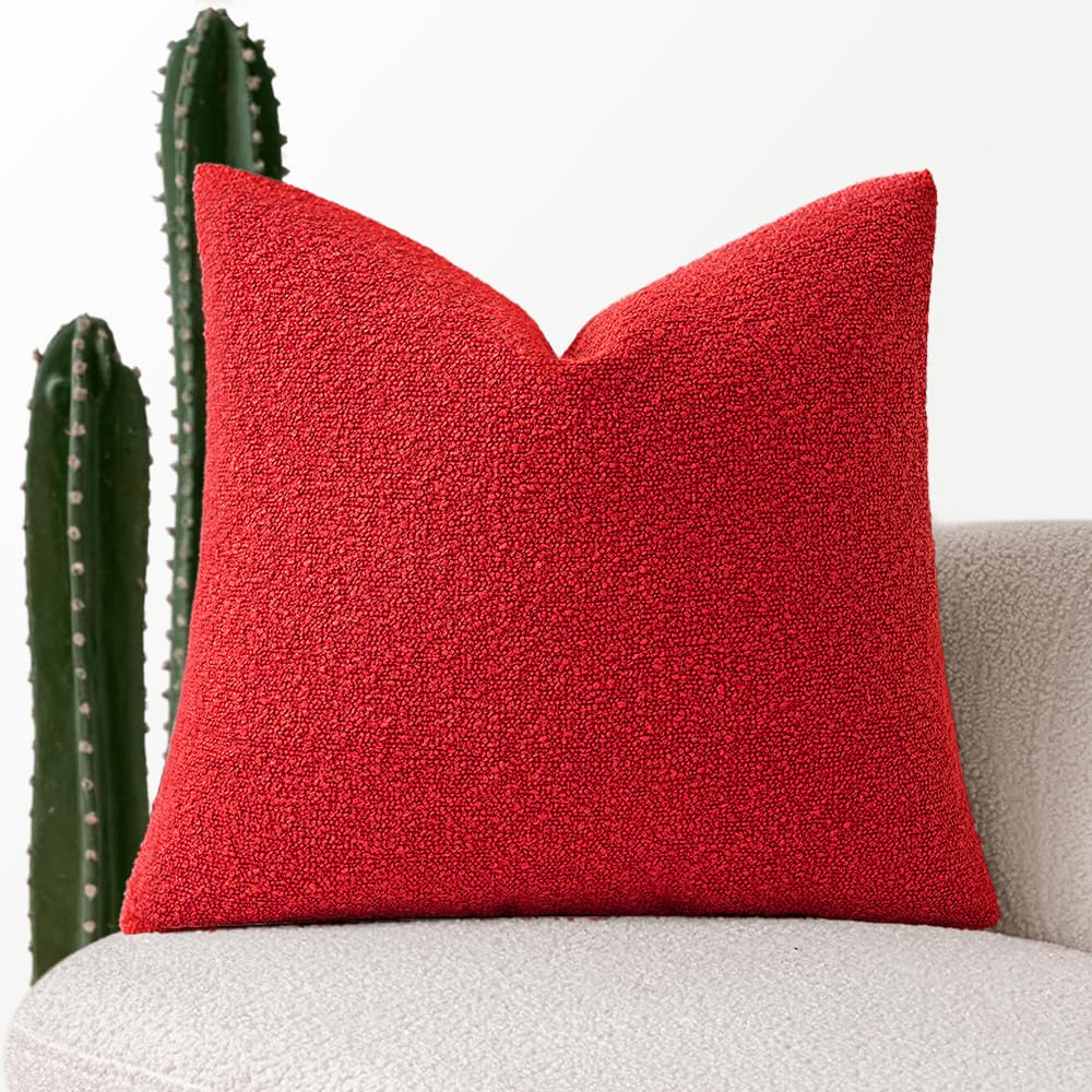 Miulee Pack Of 1 Christmas Red Boucle Throw Pillow Cover 24X24 Inch Decorative Couch Pillow Cover Textured Accent Solid Pillow C