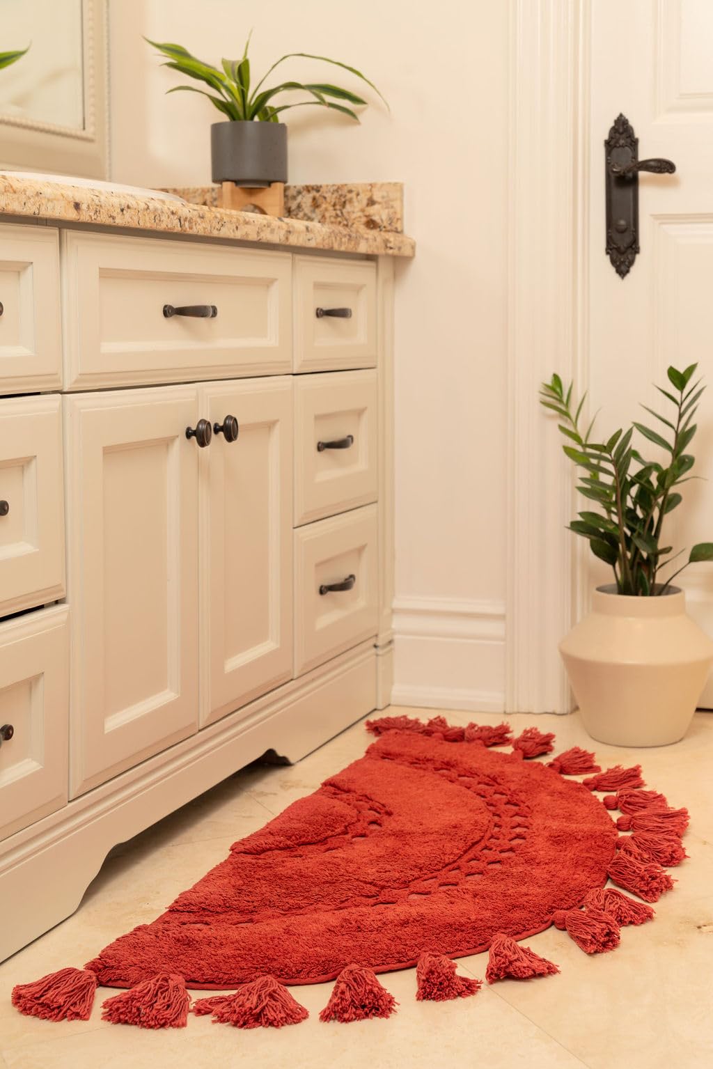 BIEN BEAU Half Circle Bohemian Bathroom Rug with Tassels & Crochet Insert -100% Cotton - Half Round Boho Bedroom Rug-Red Paprika