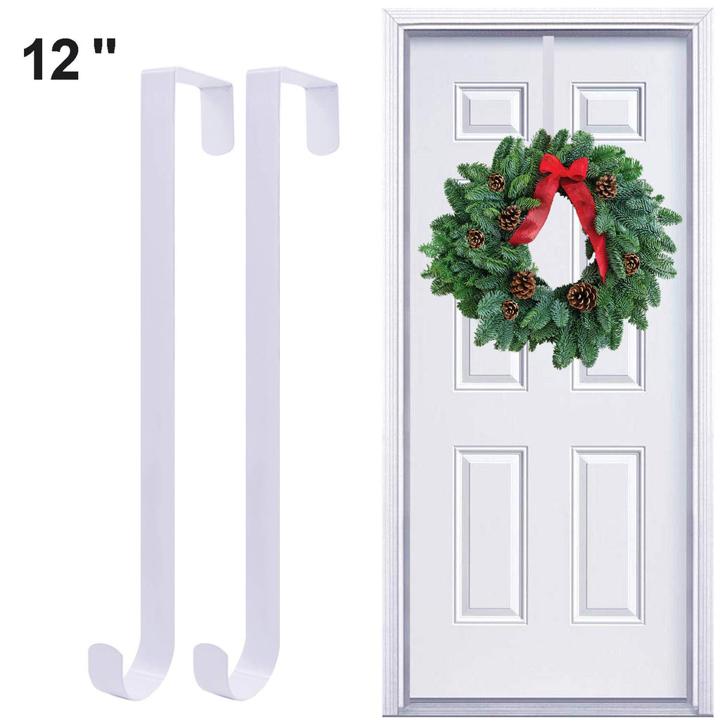 Esfun 2 Pack Solid Wreath Hanger For Front Door Window Wreath Hooks Holder Over The Door Metal Hook Hangers (White, 12 Inch)
