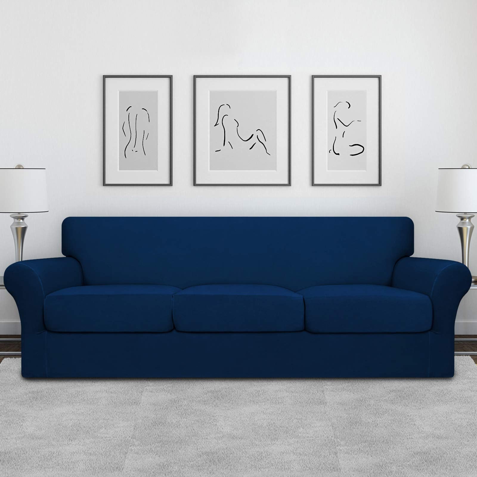 Easy-Going 4 Pieces Oversized Stretch Soft Couch Cover For Dogs - Washable Sofa Slipcover For 3 Separate Cushion Couch - Elastic Furniture Protector For Pets, Kids Navy