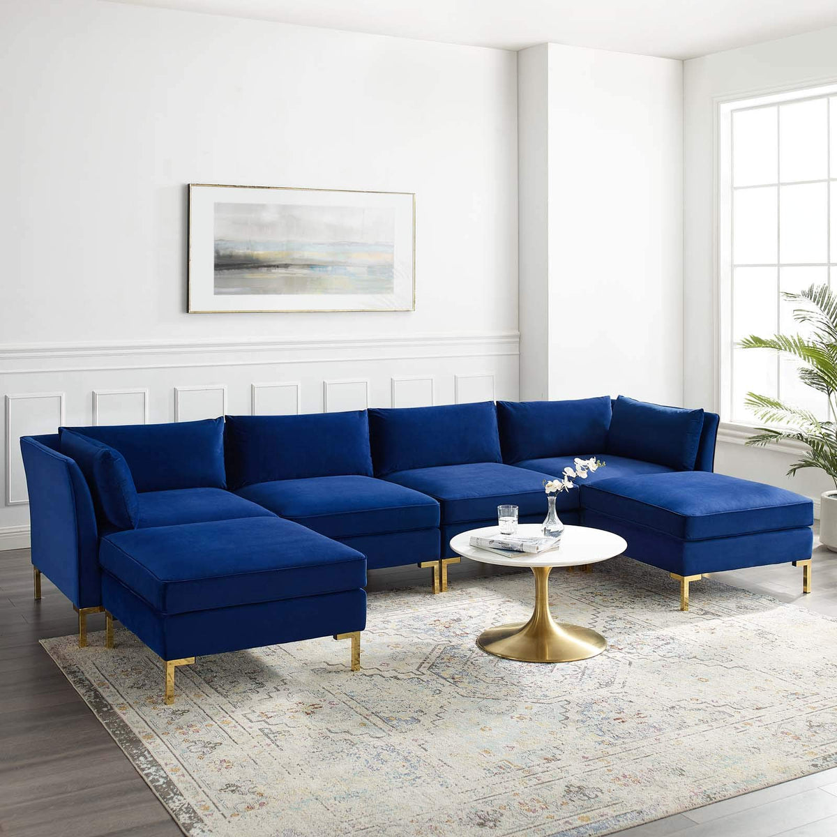 Modway Ardent Performance Velvet Sectional Sofa, 6 Piece W/Double Chaise, Navy