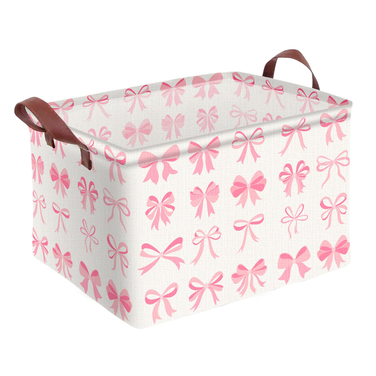 AmazerPad Pink Bow Decor Storage Basket Waterproof Canvas Toy Storage Bin Coquette Room Decor Collapsible Outdoor Basket with Le