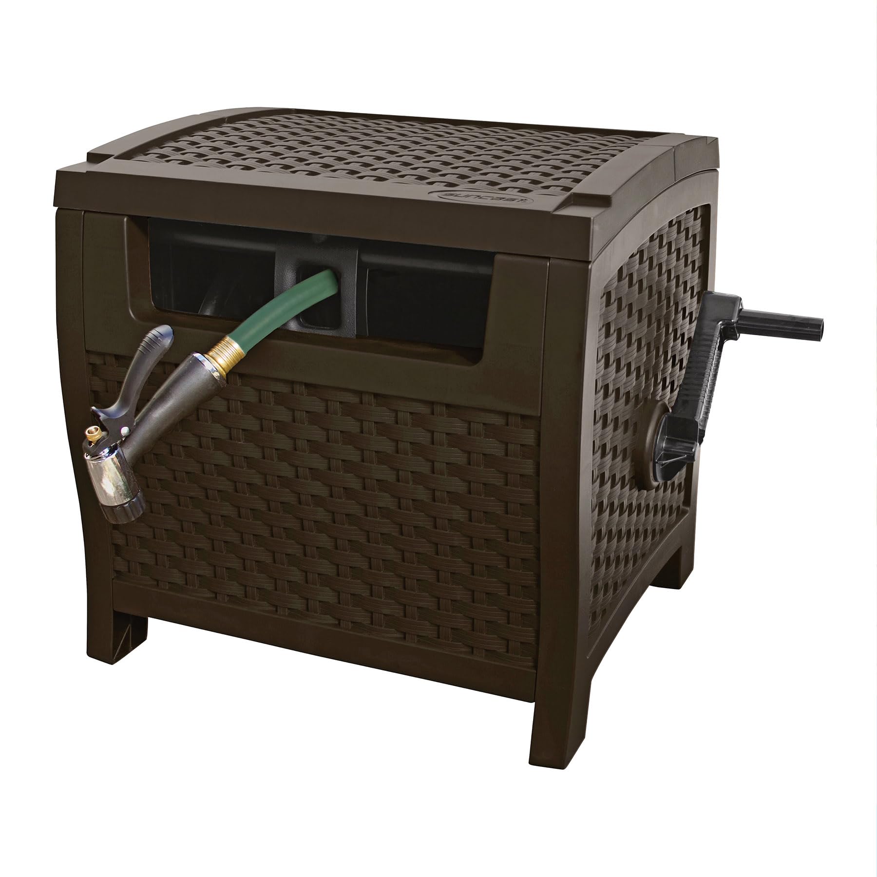 Suncast 175 Ft. Wicker Style Resin Hose Hideaway With Hose Guide, Java, Mocha Brown