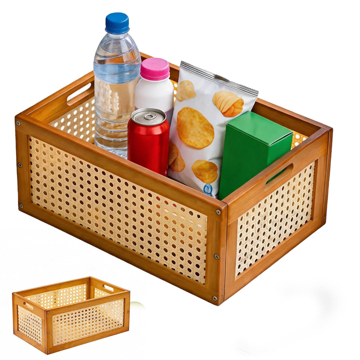 Warm Brown Wood Frame Rattan Storage Basket, Hollow Breathable Rattan Box Multi Purpose Wood Basket for Desktop Sundries Arrange