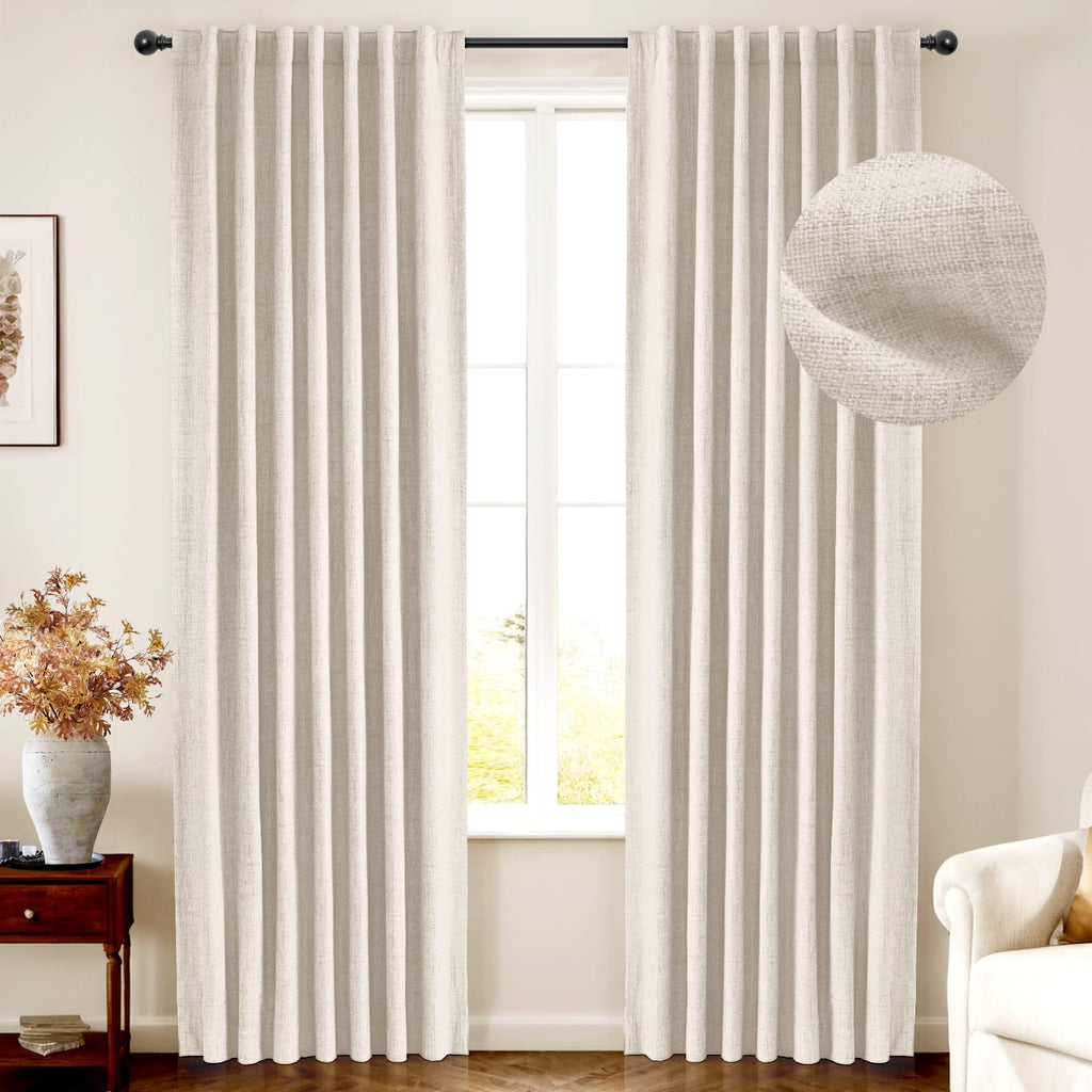 INOVADAY 100% Blackout Cream Curtains for Bedroom, Thermal Insulated Linen Blackout Curtains 63 Inch Length 2 Panels Set, Back T