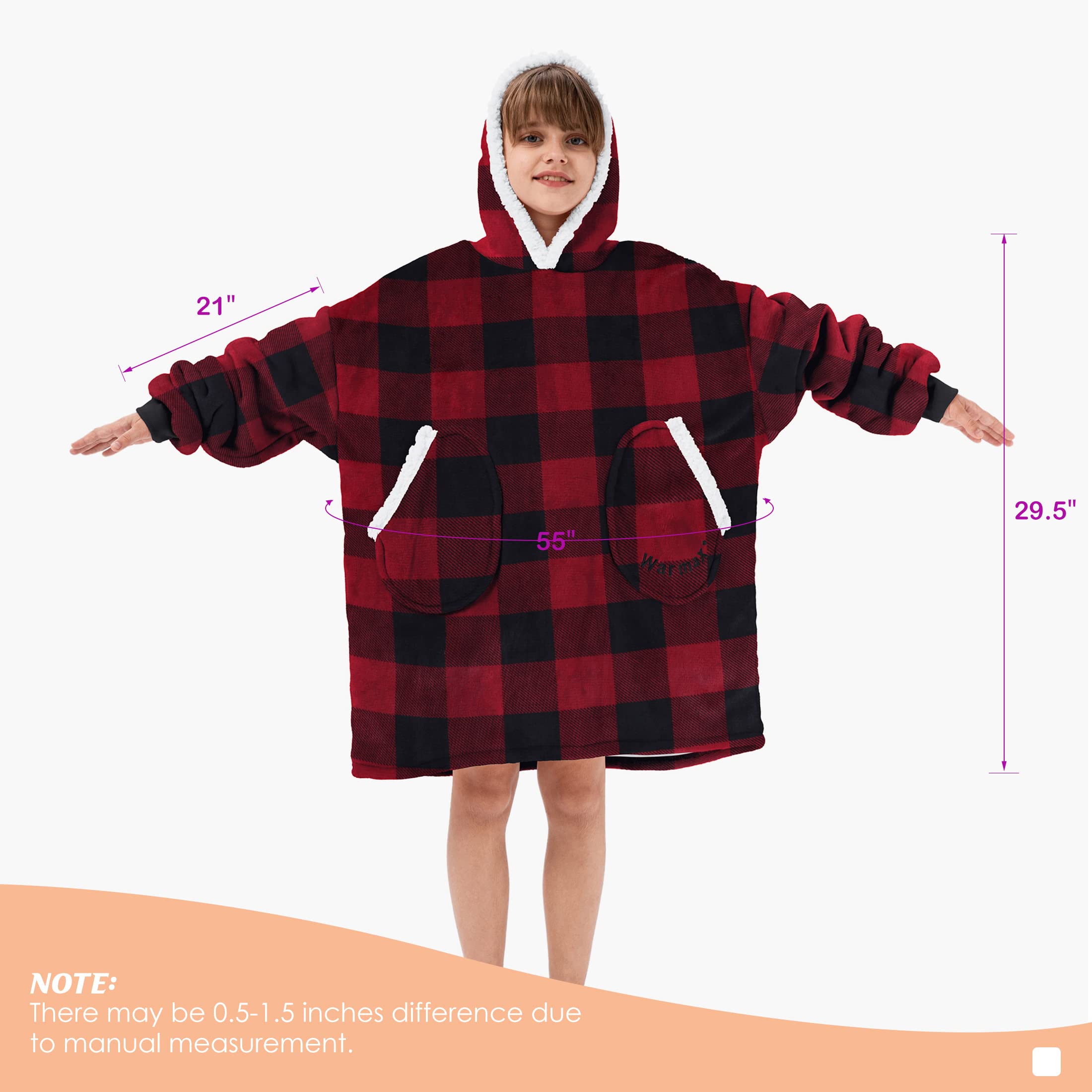 Wearable Blanket For Kids Oversized Hoodie Blanket Plush Sherpa Hooded Sweatshirt For Boys, Girls Red And Black Plaid