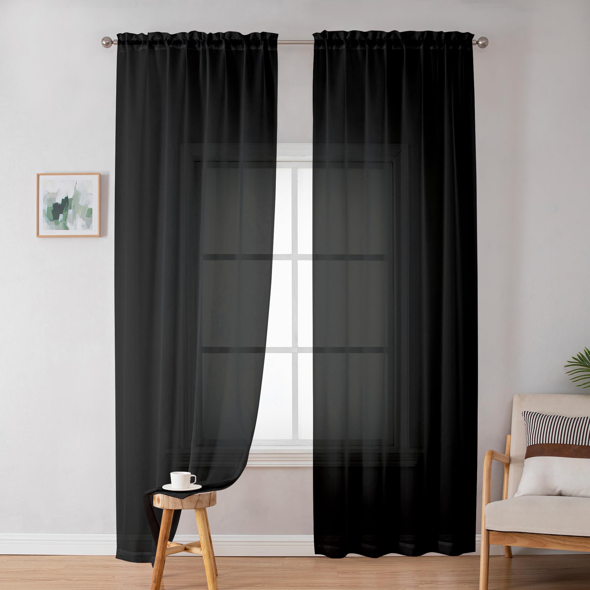 Simplebrand Black Sheer Curtains 72 Inches Long 2 Panels For Living Room, Rod Pockets Airy Window Treatments Voile Sheer Black C