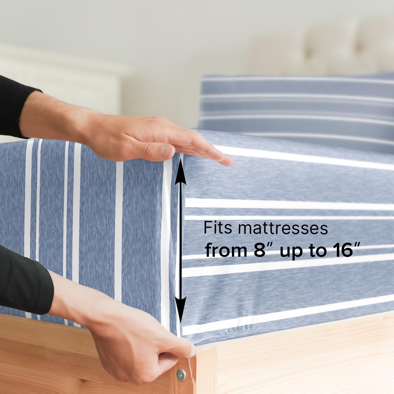 Queen Size Fitted Bed Sheet - Hotel Luxury Single Fitted Sheet Only - Fits Mattress Up To 16 - Extra Soft, Wrinkle Free, Breathable Sheets - Bottom Fitted Sheet - Blue Stripes Single Fitted Sheet Only