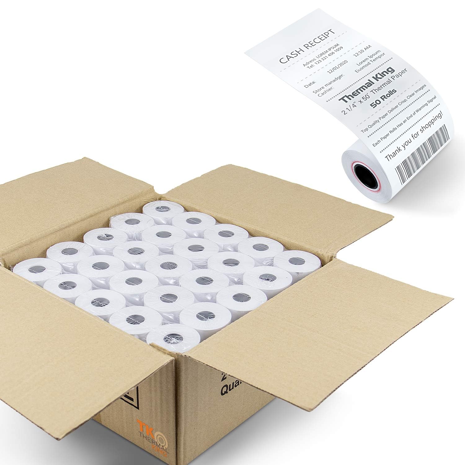 Tk Thermal King, (50 Rolls) 2 1/4' X 50' Feet Thermal Paper, Pos Cash Register Receipt Rolls, Fits All Credit Card Terminal, Pr