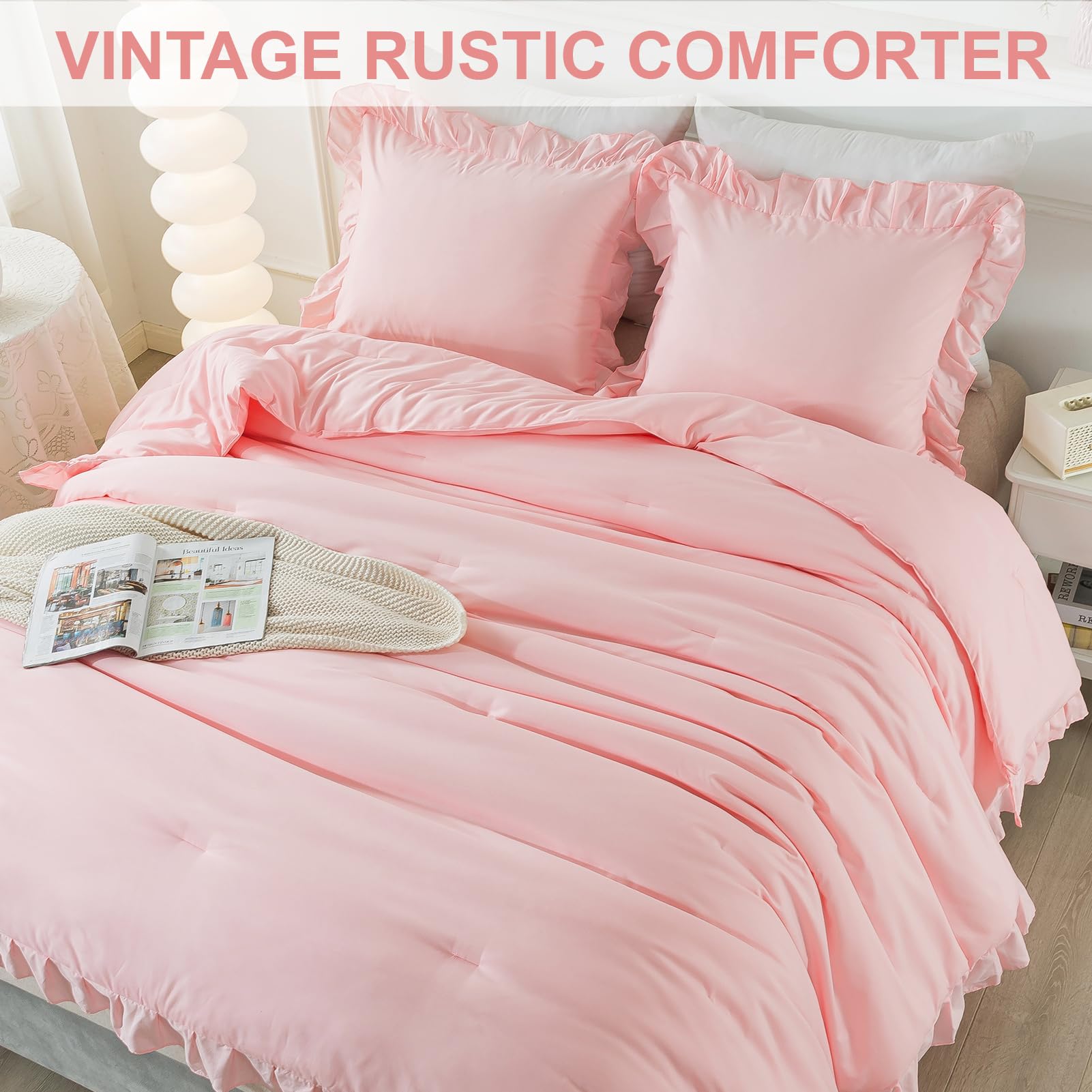 Andency Pink Ruffle Comforter King, 3 Pieces Solid Farmhouse Shabby Chic Comforter, Vintage Rustic Lightweight Soft Microfiber Bedding Set All Season (104X90Inch Comforter)