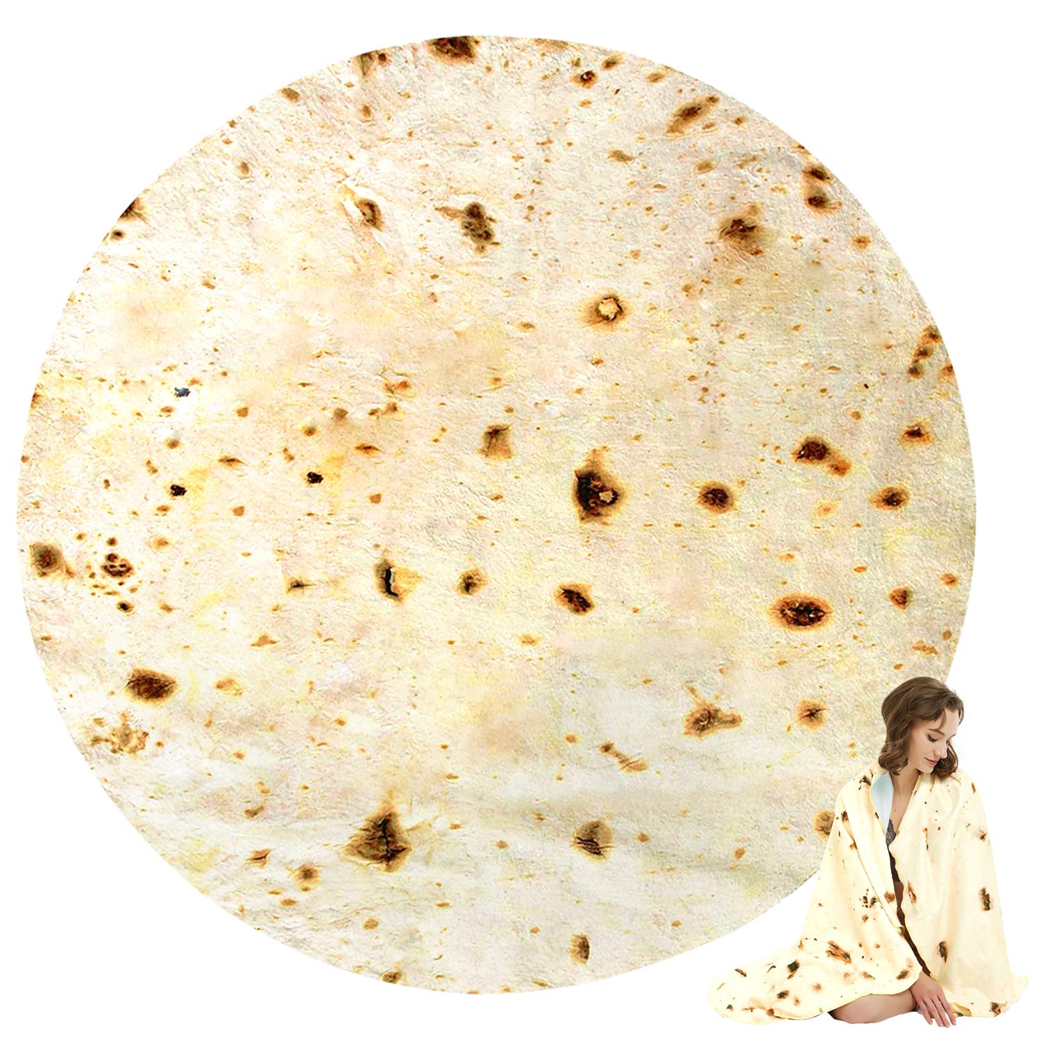 Burritos Tortilla Blanket 2.0 Double Sided, 63   Giant Blanket Adult Size, Round Novelty Food Blanket, Funny Blankets, Soft Flan
