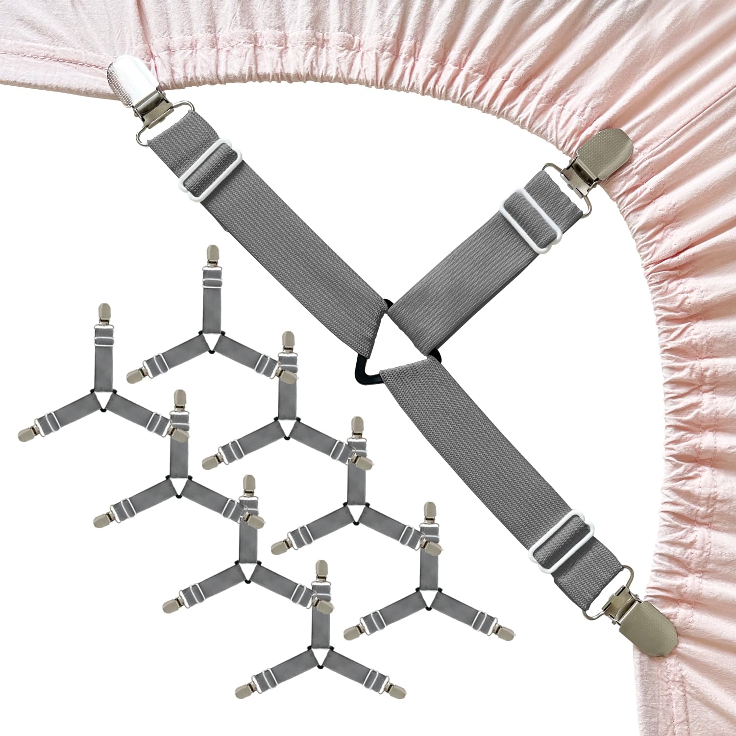 Bozenu Bed Sheet Straps, Upgrade Fitted Bed Sheet Holders For Corners, Non Slip Sheet Clips Grey 8Pcs