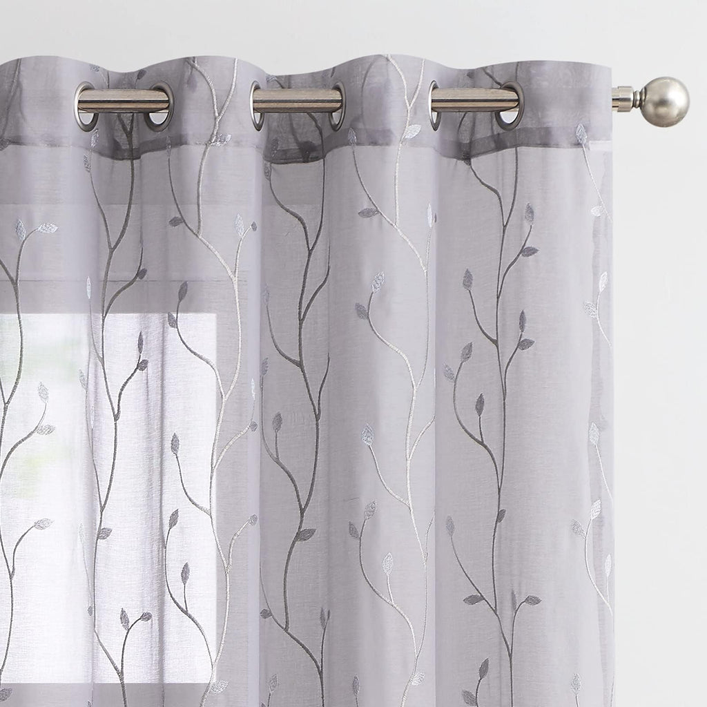 Jinchan Grey Sheer Curtains For Bedroom 96 Inch Long Floral Embroidered Sheers For Living Room Embroidery Voile Grommet Window C