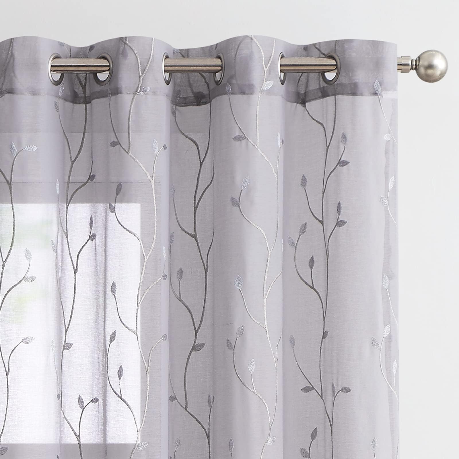 Jinchan Grey Sheer Curtains For Bedroom 96 Inch Long Floral Embroidered Sheers For Living Room Embroidery Voile Grommet Window C