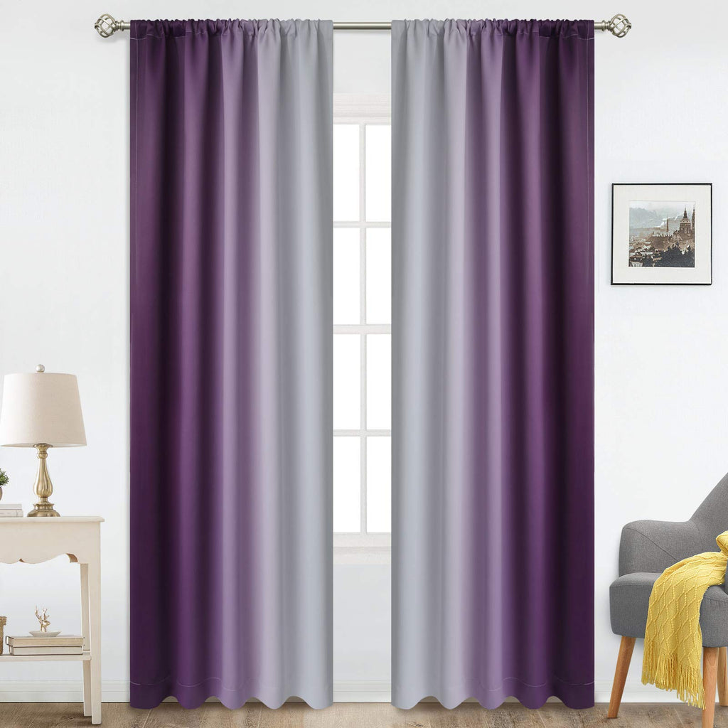 COSVIYA Rod Pocket Ombre Room Darkening Curtains 84 inch Length 2 Panels, Purple and Grayish White Gradient Drapes Light Blockin