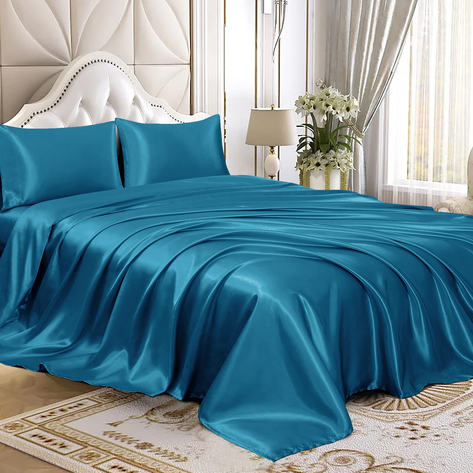 Homiest 4Pcs Satin Sheets Set Luxury Silky Satin Bedding Set With Deep Pocket, 1 Fitted Sheet + 1 Flat Sheet + 2 Pillowcases (Full Size, Lake Blue)
