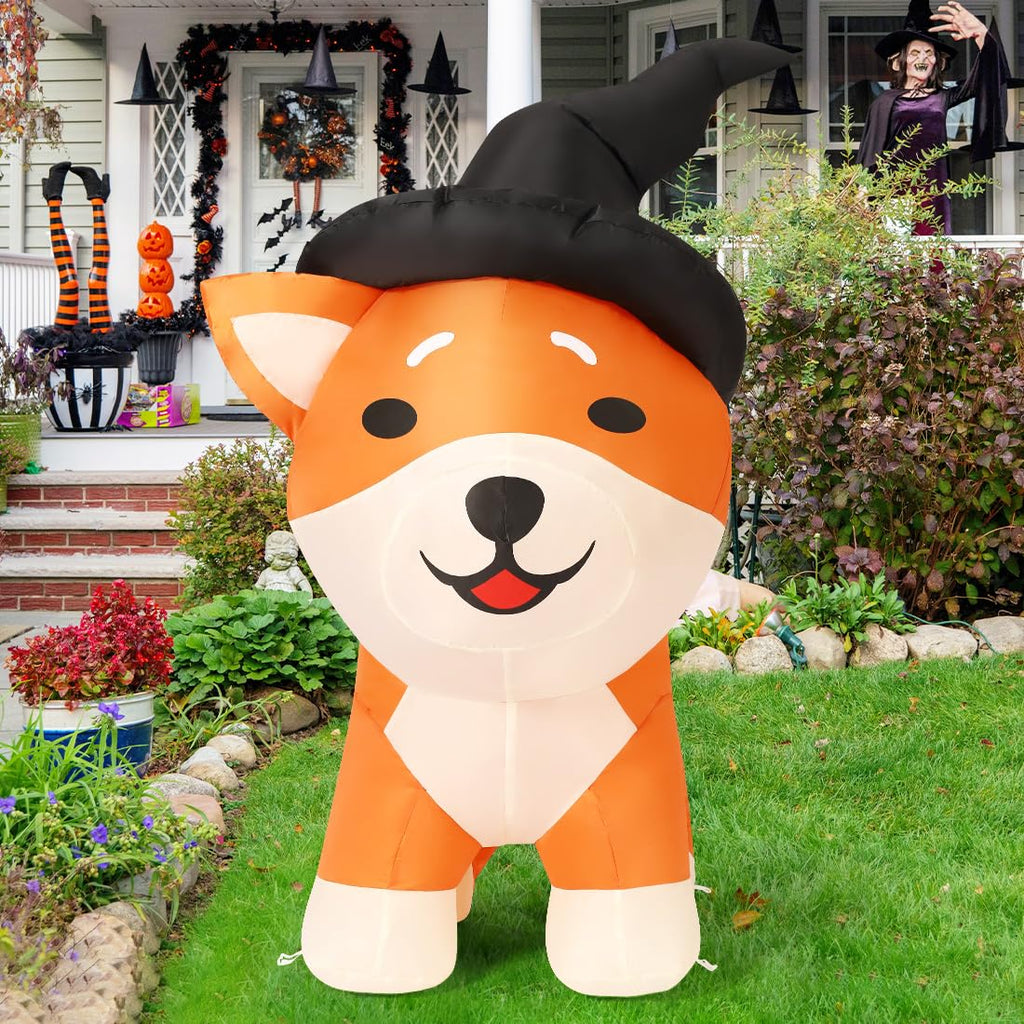 COMIN 4 FT Halloween Inflatables Dog Outdoor Decorations Blow Up Yard Wizard Shiba Inu Dog with Built-in LEDs for Indoor Party G