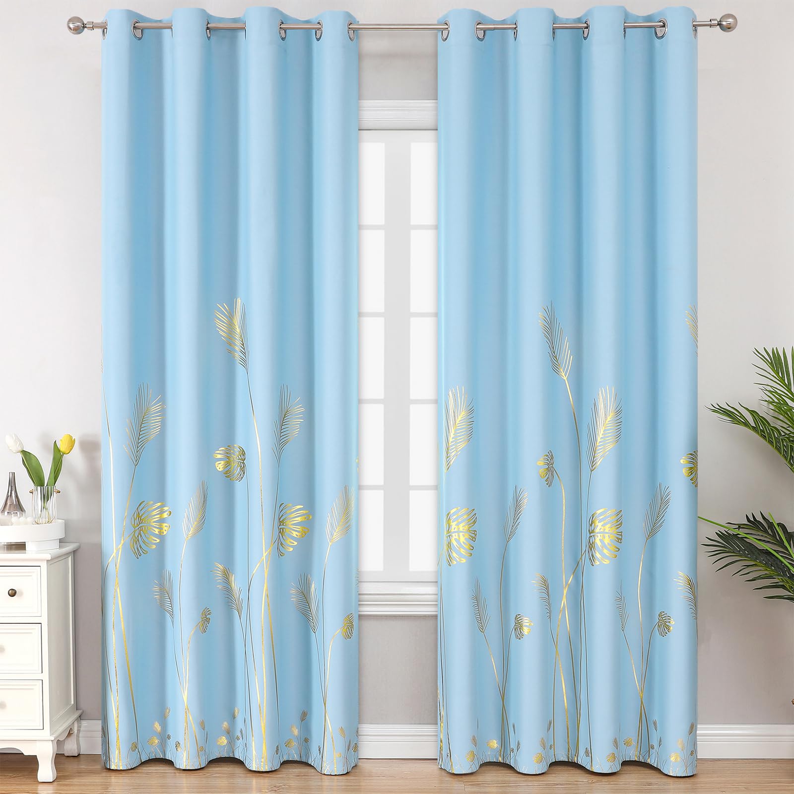 Estelar Textiler Sky Blue Blackout Curtains For Bedroom, Room Darkening Gold Palm Tree Pattern Curtains 96 Inches Long, Light Bl