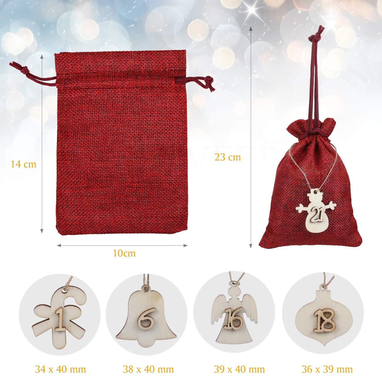 Naler Christmas Advent Calendar 2024, 24 Pieces Christmas Drawstring Gift Bags Burlap Hanging Countdown Calendar Bags With Woode