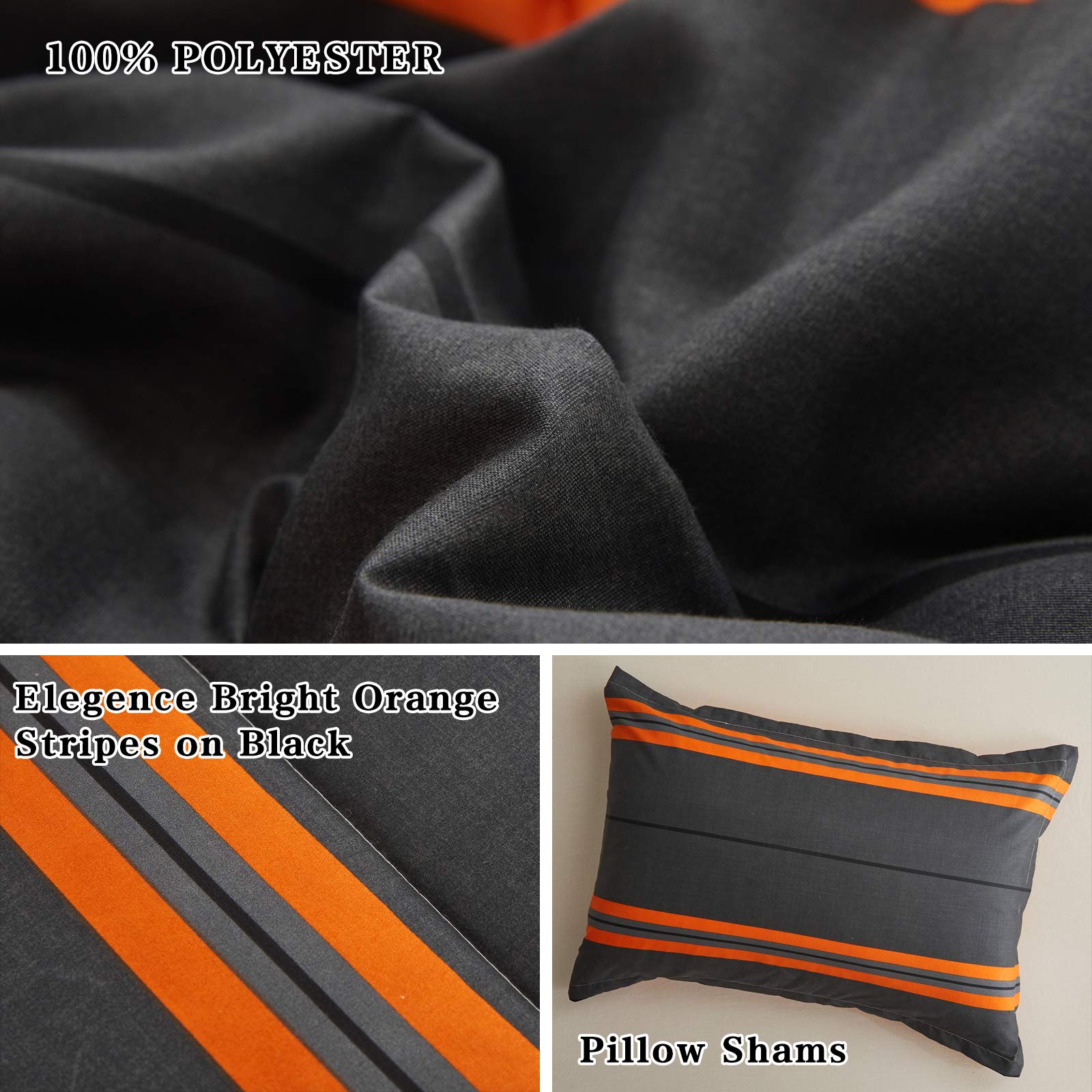 Flysheep 3 Pcs Modern Boho Halloween Comforter Set Twin Size For Kids, Bright Orange Striped On Black Dark Grey Soft Microfiber
