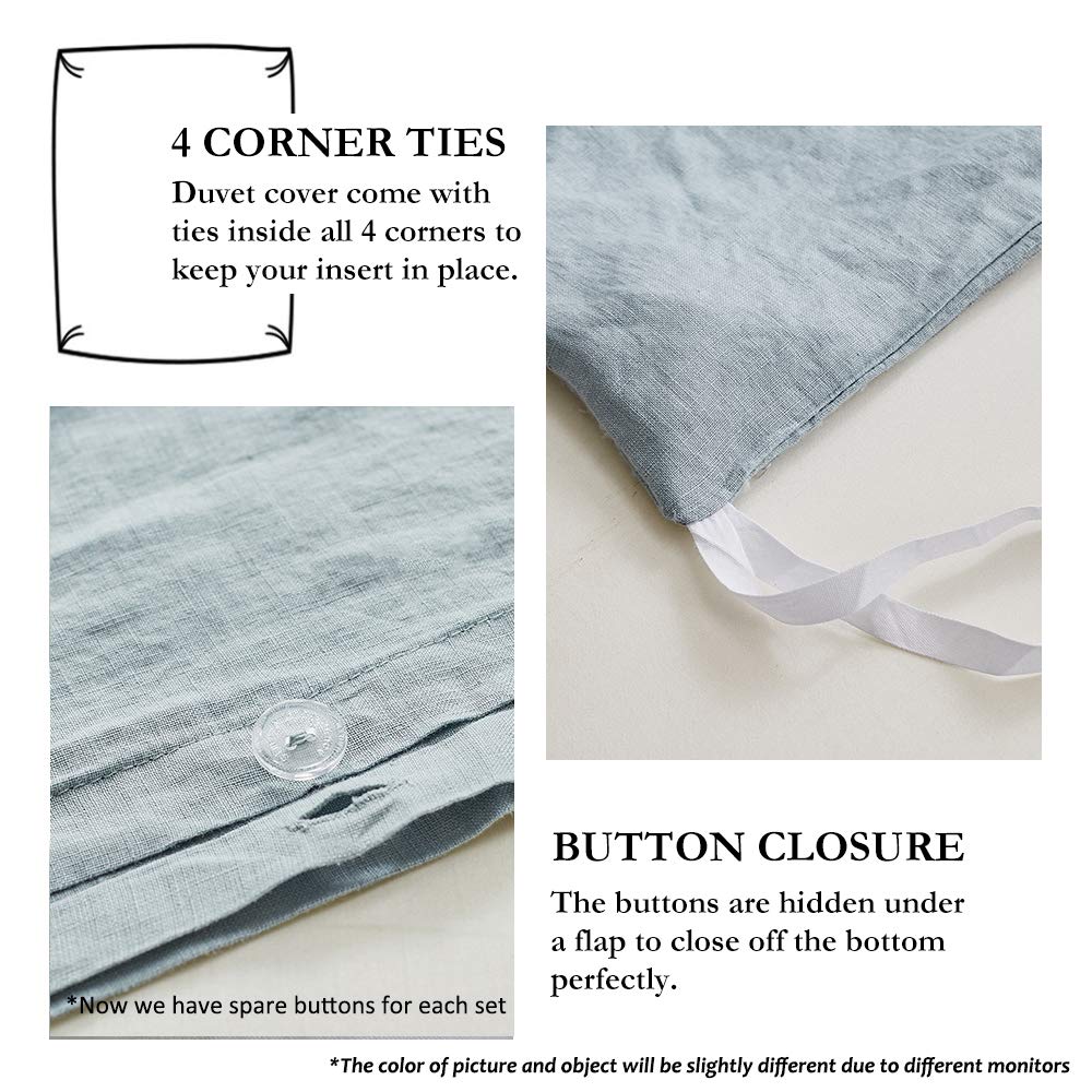 Simple&Opulence 100% Linen Duvet Cover Set With Embroidery Border Washed - 3 Pieces (1 Duvet Cover & 2 Pillow Shams) With Button Closure Soft Breathable Farmhouse - Dusty Blue, Full Size