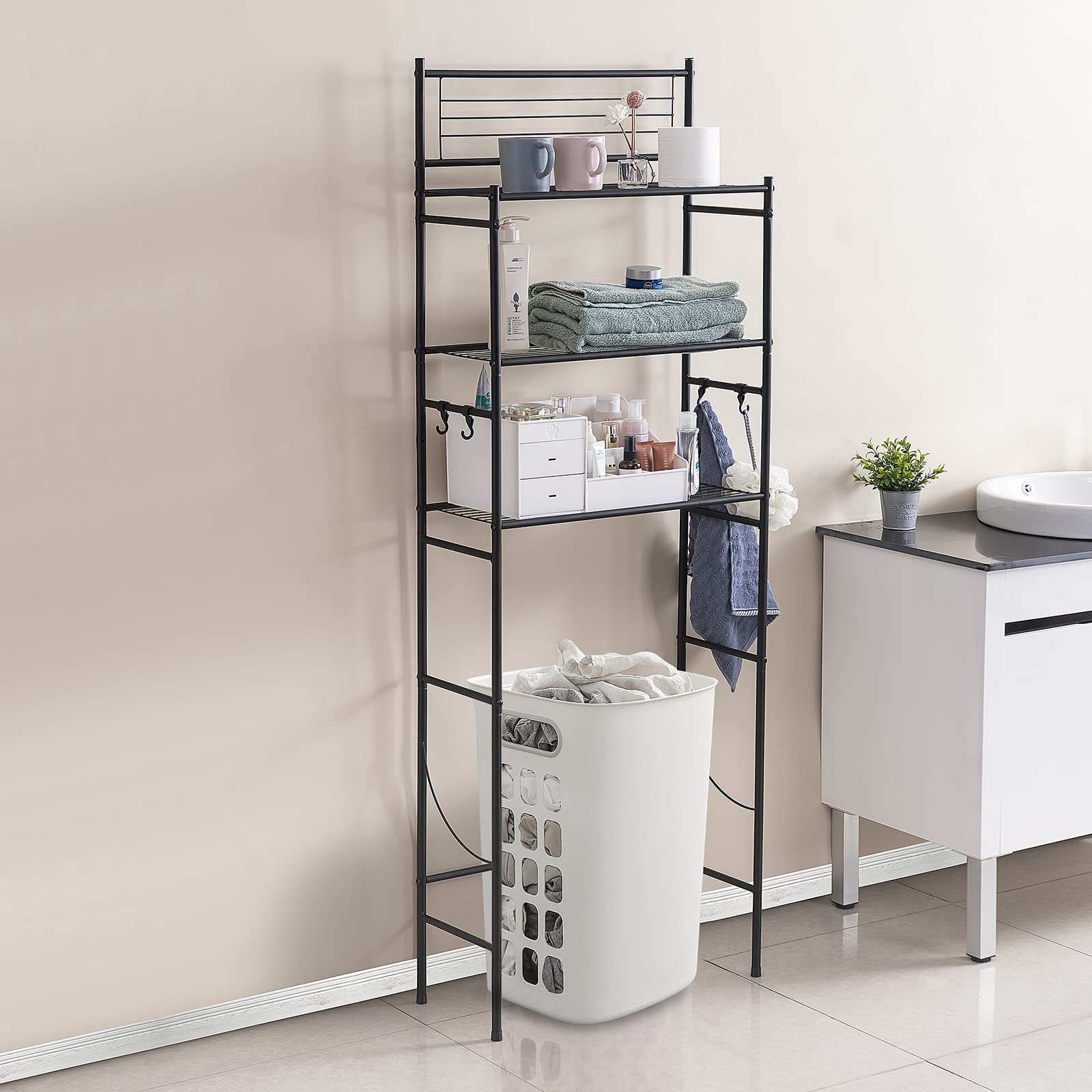 L&H Unico 3-Shelf Wire Freestanding Shelving Unit Over The Toilet Storage Organizer Rack Bathroom Space Saver, Includes 4-Hooks, Black