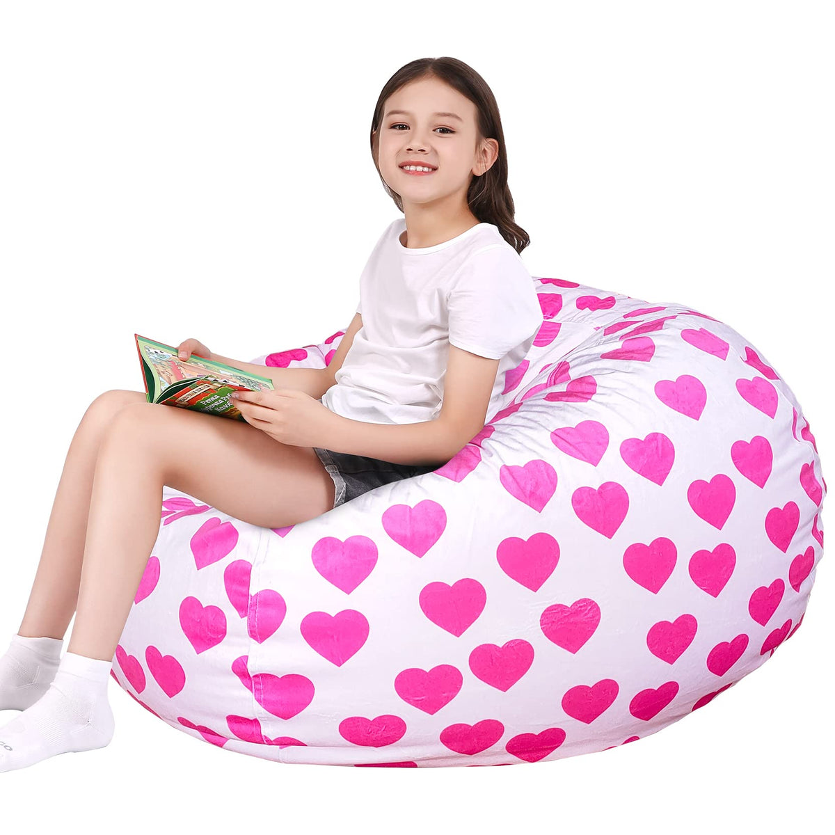 Lukeight Stuffed Animal Storage Bean Bag Chair Cover For Kids, Zipper Beanbag Chair Cover For Organizing Toddler And Kids' Rooms Plush Toys (Heart Velvet, X-Large)