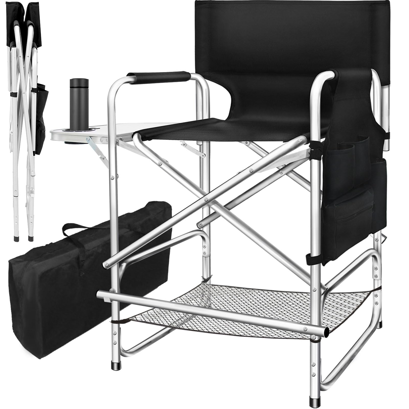 Aqniegep Makeup Chair For Makeup Artist 41' Tall Folding Directors Chair Makeup Artist Chair For Clients Directors Chair With Side Table Cup Holder Footrest Bags 400 Lbs Load