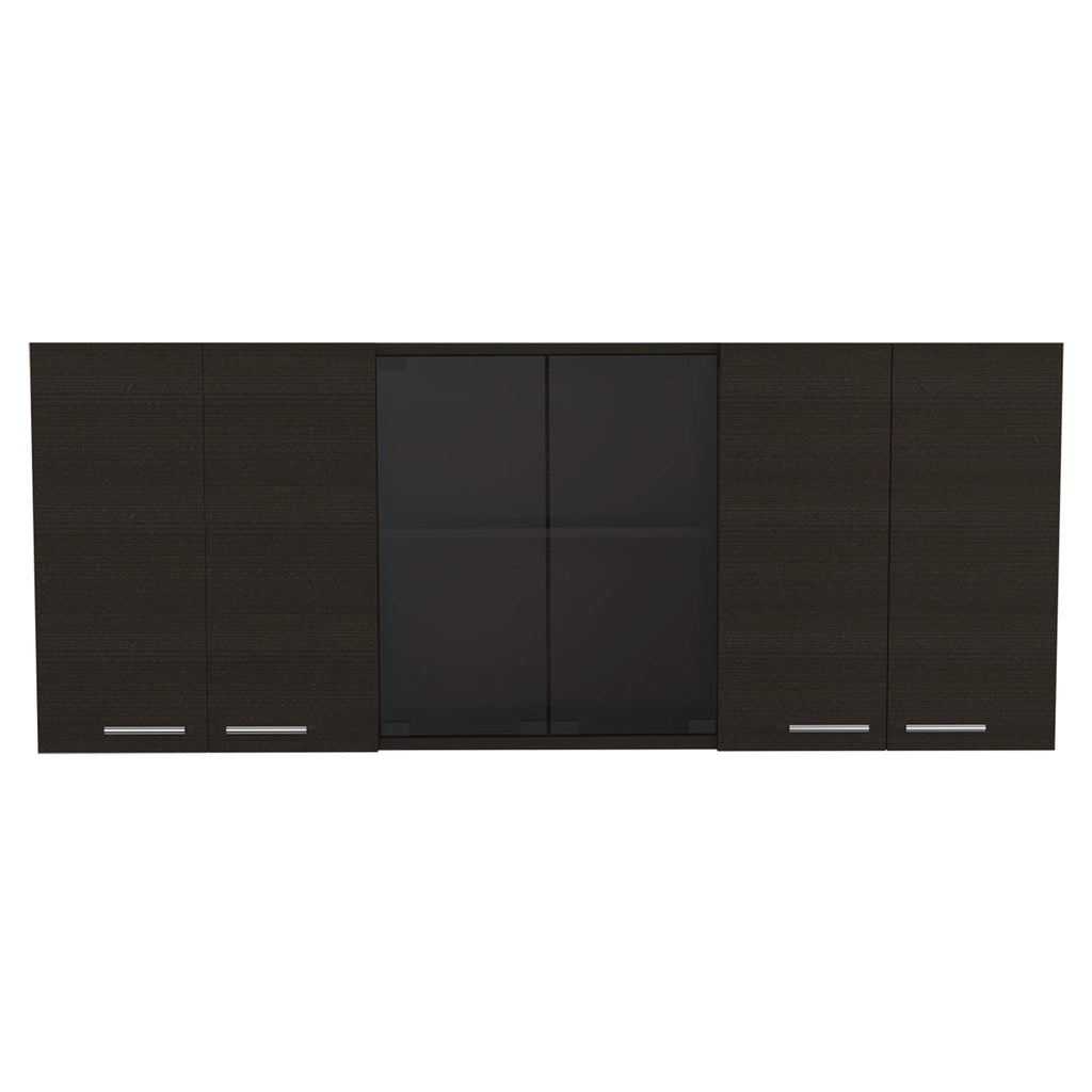 Depot E-Shop Oceana 150 Wall Cabinet With Four Doors, Two Internal Shelves, Internal Plate And Glass Organizer, Two Storage Shelves With Two Glass Doors, 24&Quot; H, Black, Kitchen