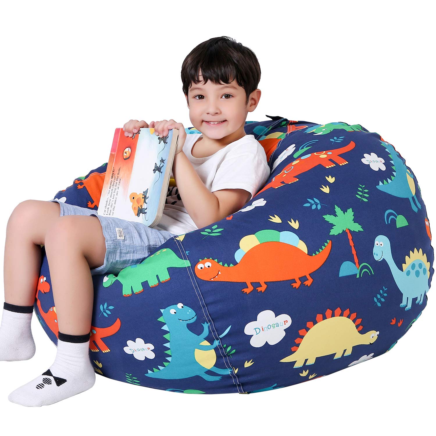 Lukeight Stuffed Animal Storage Bean Bag Chair Cover For Kids, Dinosaur Zipper Beanbag Chair Cover For Organizing Toddler And Kids' Rooms Plush Toys (Dinosaur, Large)