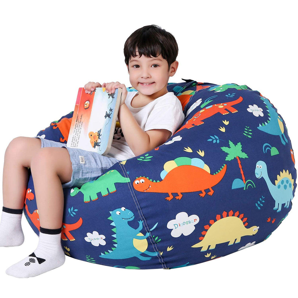 Lukeight Stuffed Animal Storage Bean Bag Chair Cover For Kids, Dinosaur Zipper Beanbag Chair Cover For Organizing Toddler And Kids' Rooms Plush Toys (Dinosaur, X-Large)